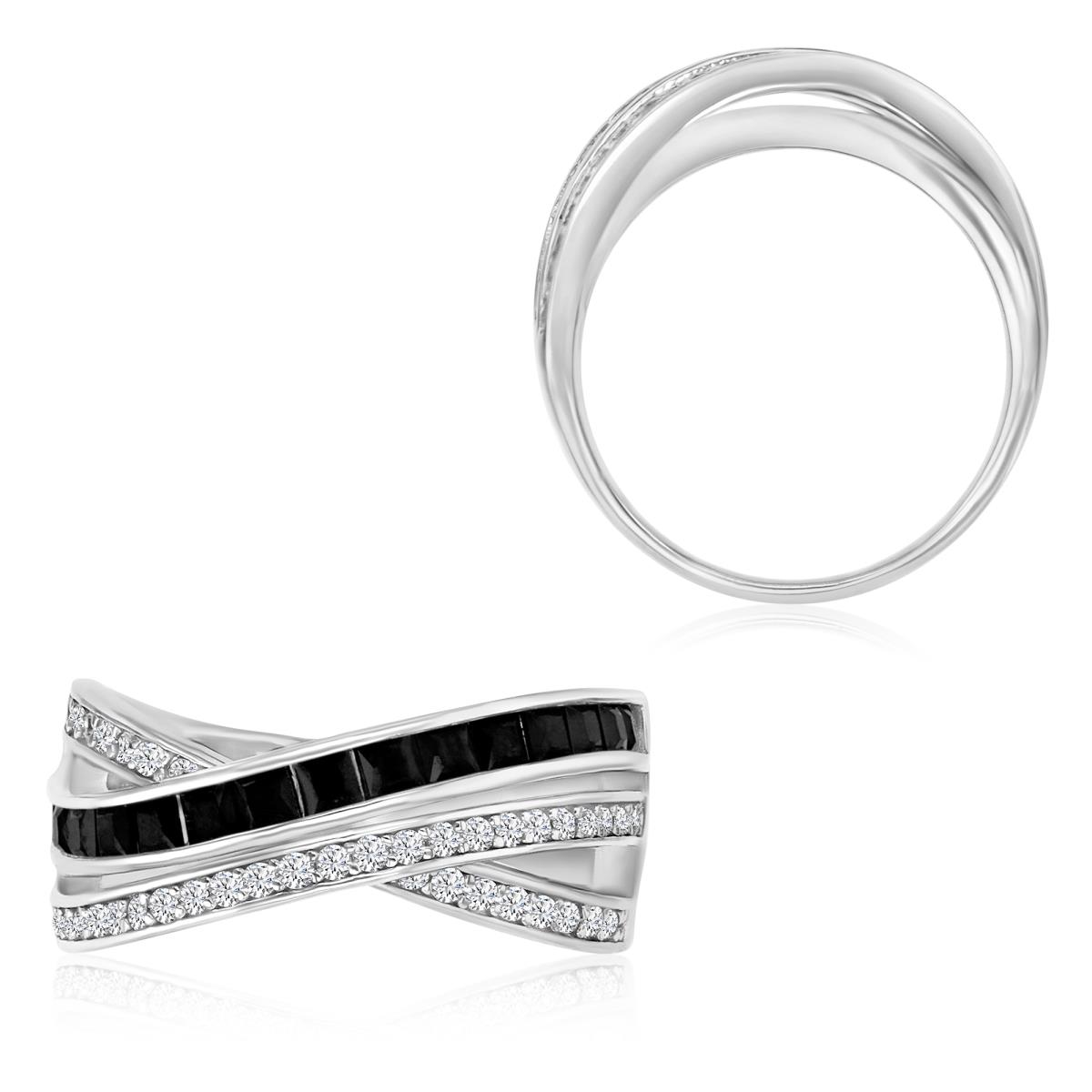 Sterling Silver Rhodium 9.5X4MM Polished Black Spinel & Cr White Sapphire Criss Cross Bezel Ring