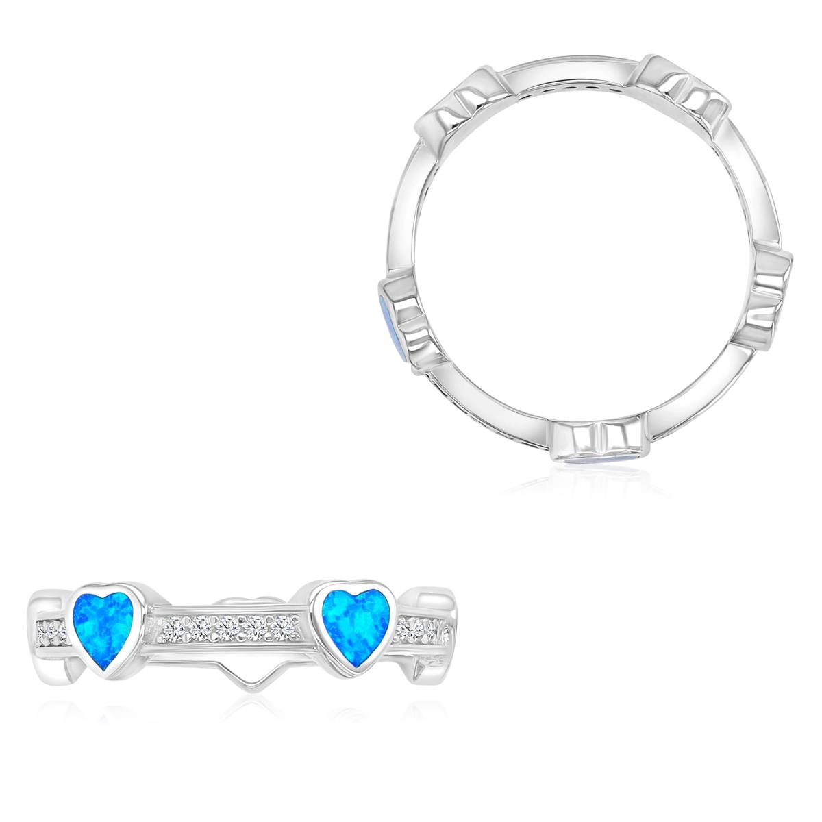 Sterling Silver Rhodium 5mm Created Blue Opal & White CZ Hearts Eternity Ring