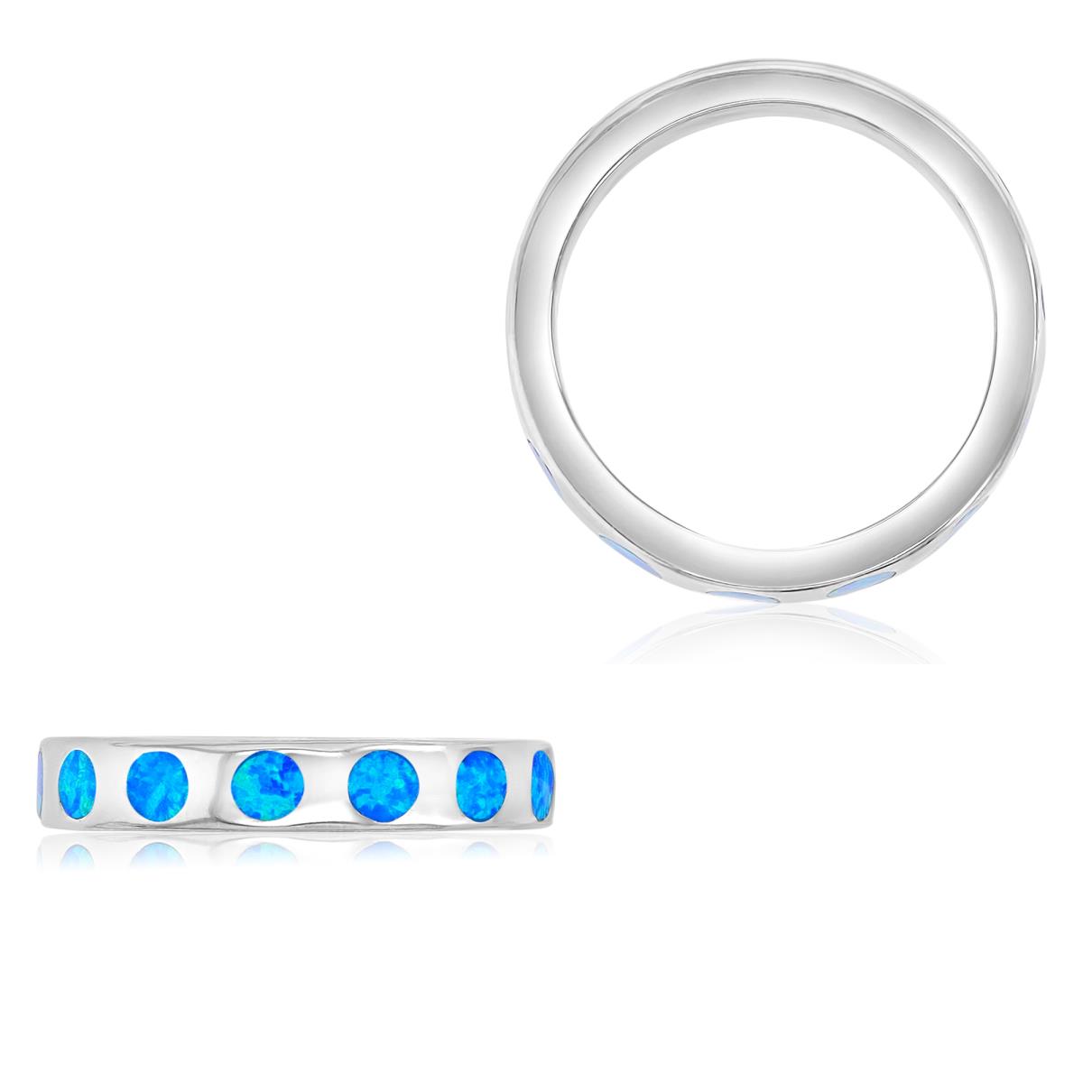 Sterling Silver Rhodium 3.8mm Created Blue Opal Eternity Ring