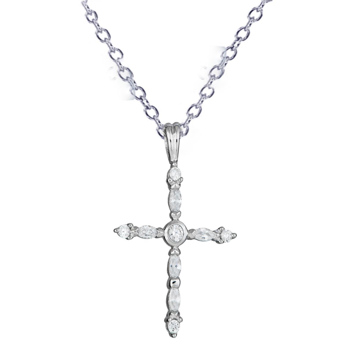 Sterling Silver Rhodium Bezel Center Marquise Cross 18" Diamond Cut Cable Chain Necklace