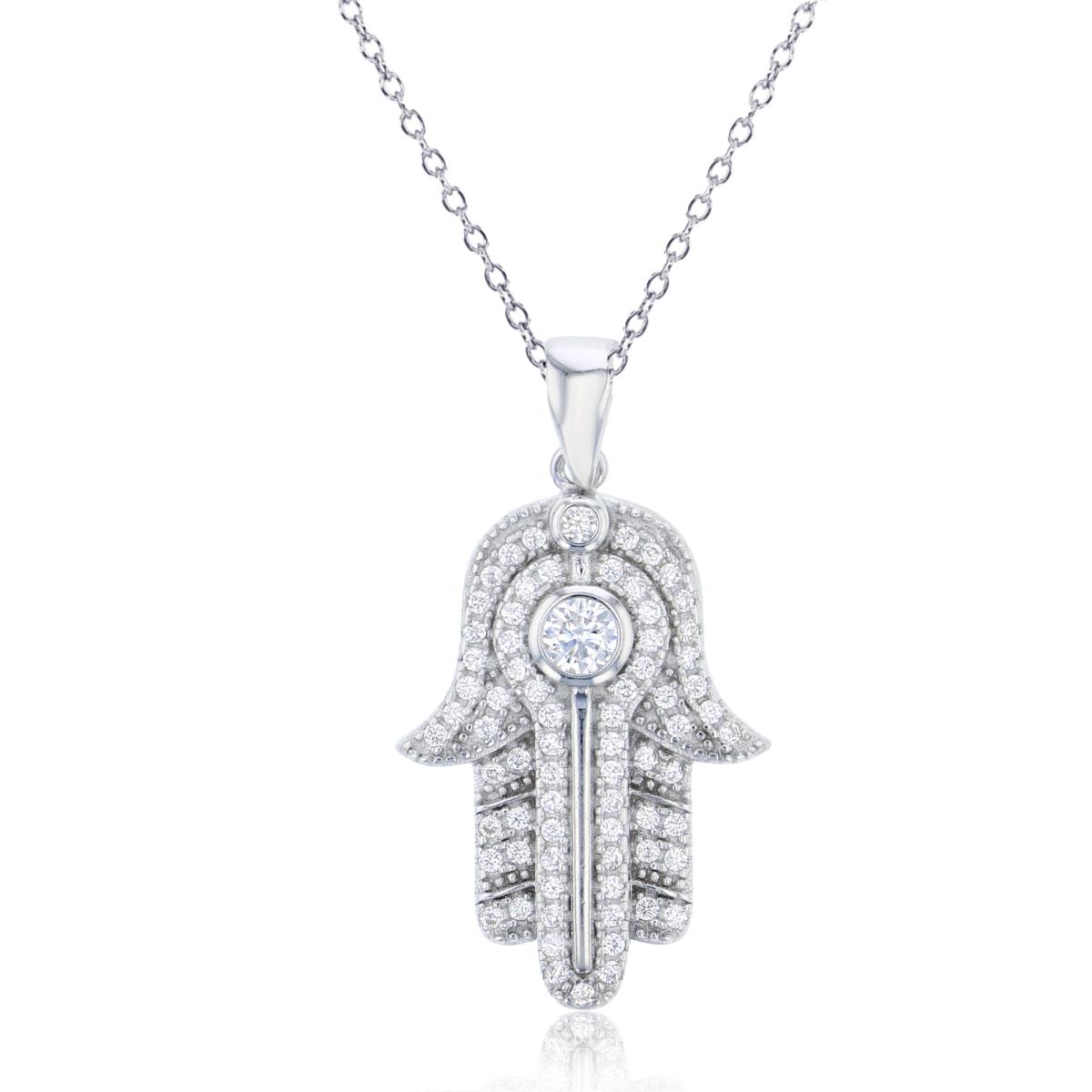 Sterling Silver Rhodium Micropave Center Bezel Hamsa 18" Necklace