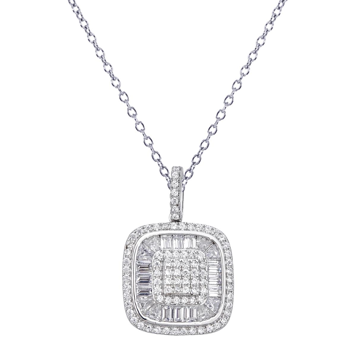 Sterling Silver Rhodium Micropave Round & Baguette Cushion 18"  Necklace