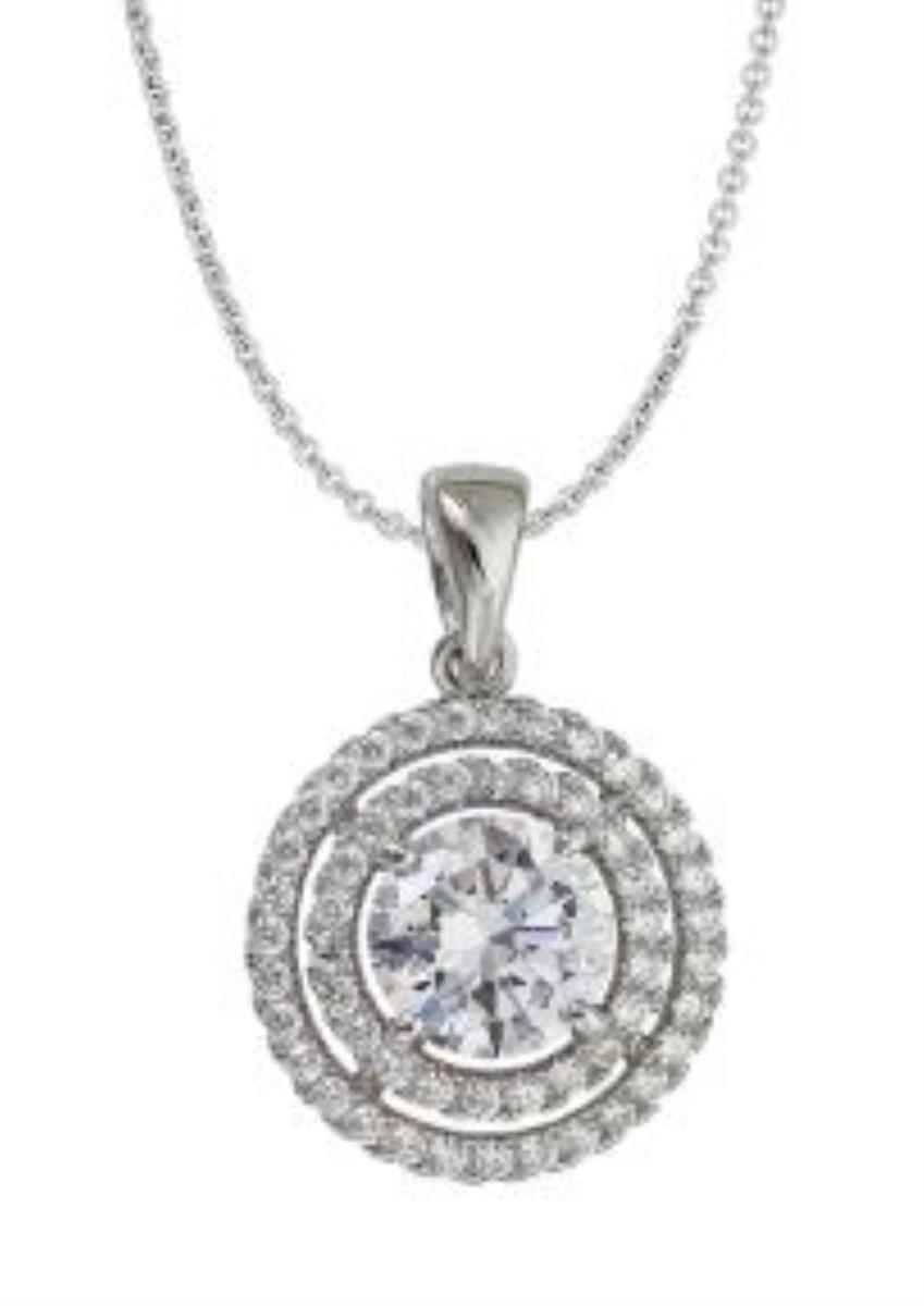 Sterling Silver Rhodium Micropave Double Halo Round Cut 18"Necklace