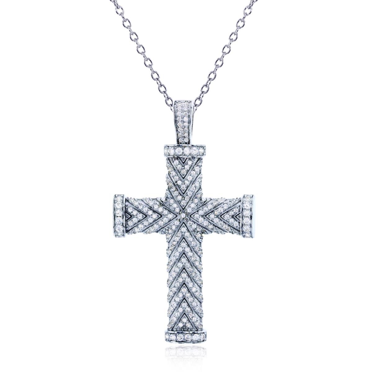 Sterling Silver Rhodium Pave Cross 18" Diamond Cut Cable Chain Necklace