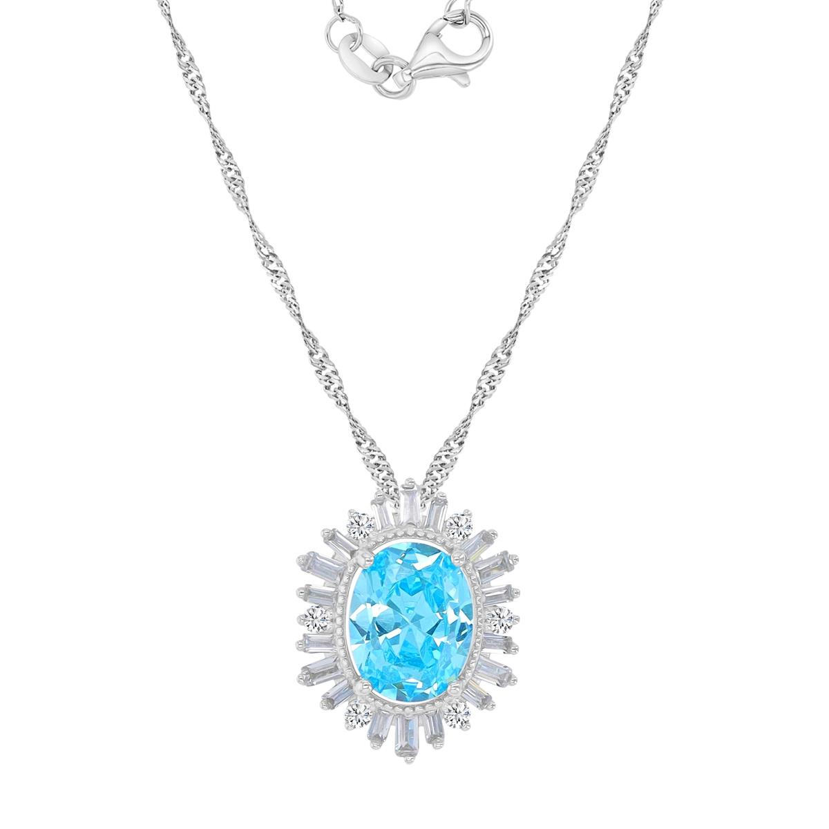 Sterling Silver Rhodium 12.7x16mm Oval & Baguette Aqua Blue & White CZ Singapore Chain 18+2 Necklace