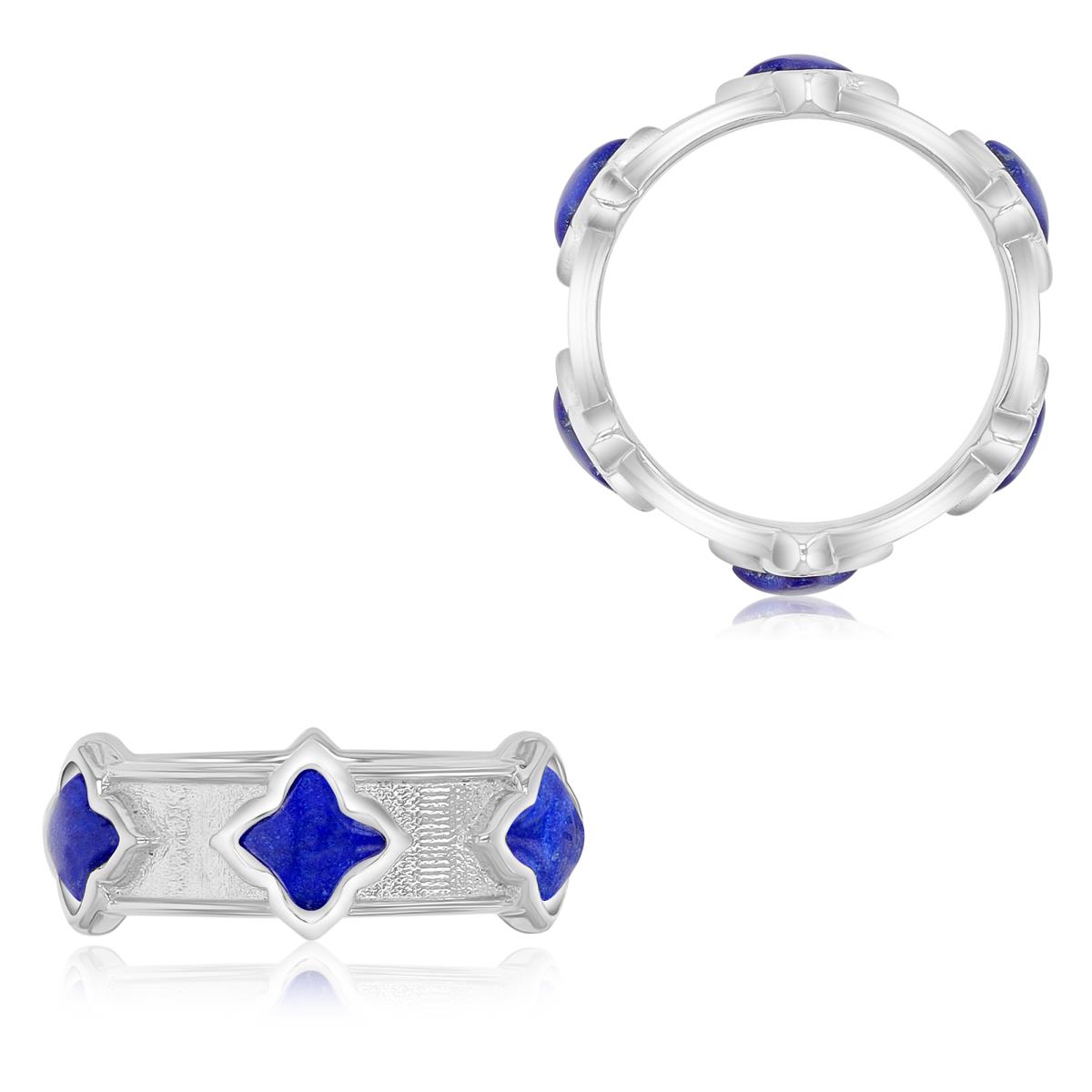 Sterling Silver Rhodium 8mm Flower-shaped Lapis Band Ring 