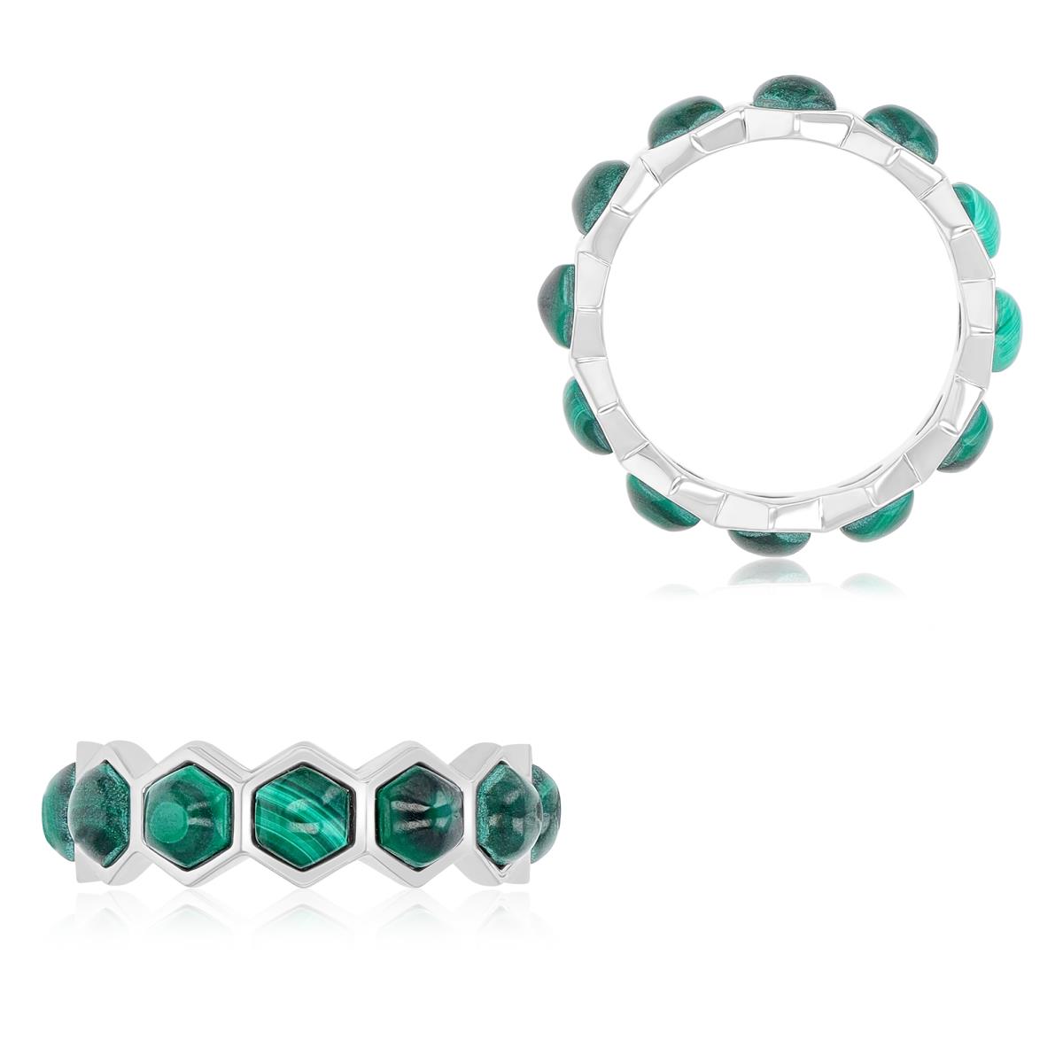 Sterling Silver Rhodium 6mm Hexagon Malachite Band Ring