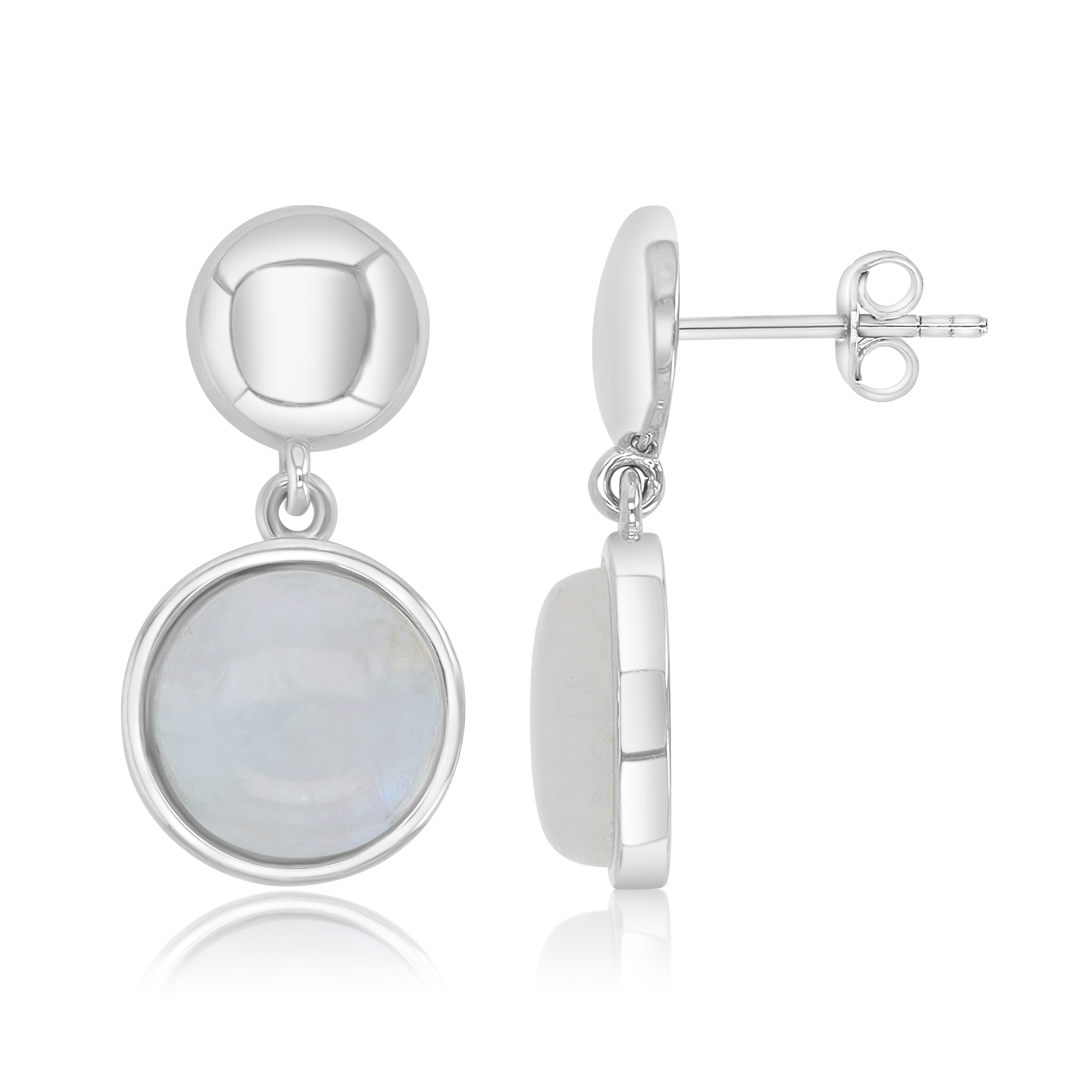 Sterling Silver Rhodium 12x22mm Round Moonstone Dangling Earrings