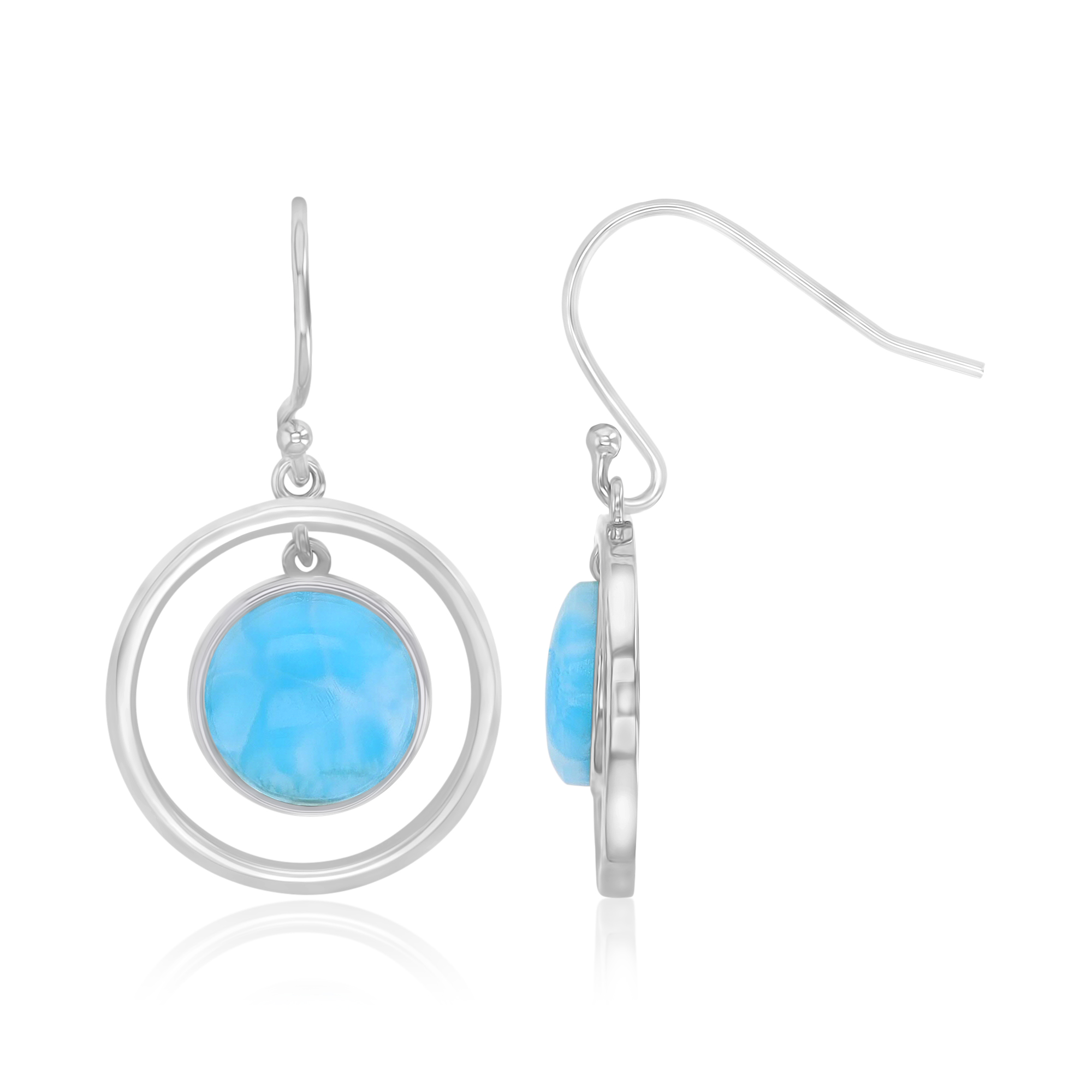 Sterling Silver Rhodium 18x30mm Larimar In Hollow Polished Circle Dangling Earrings 