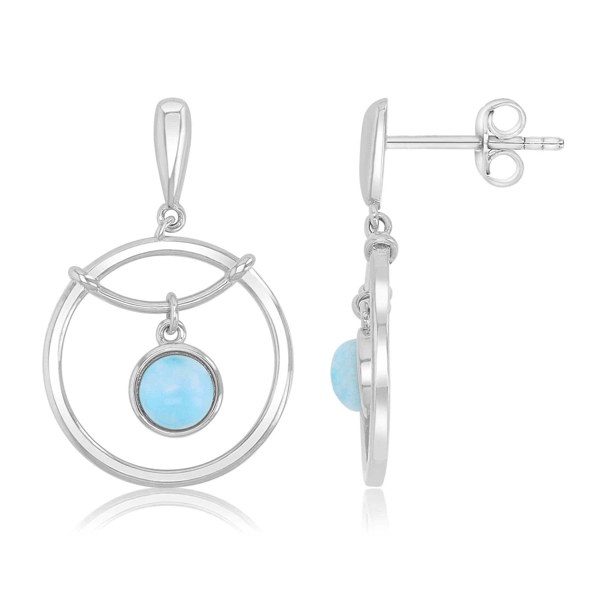 Sterling Silver Rhodium 19x30mm Larimar In Polished Hollow Circle Dangling Earrings