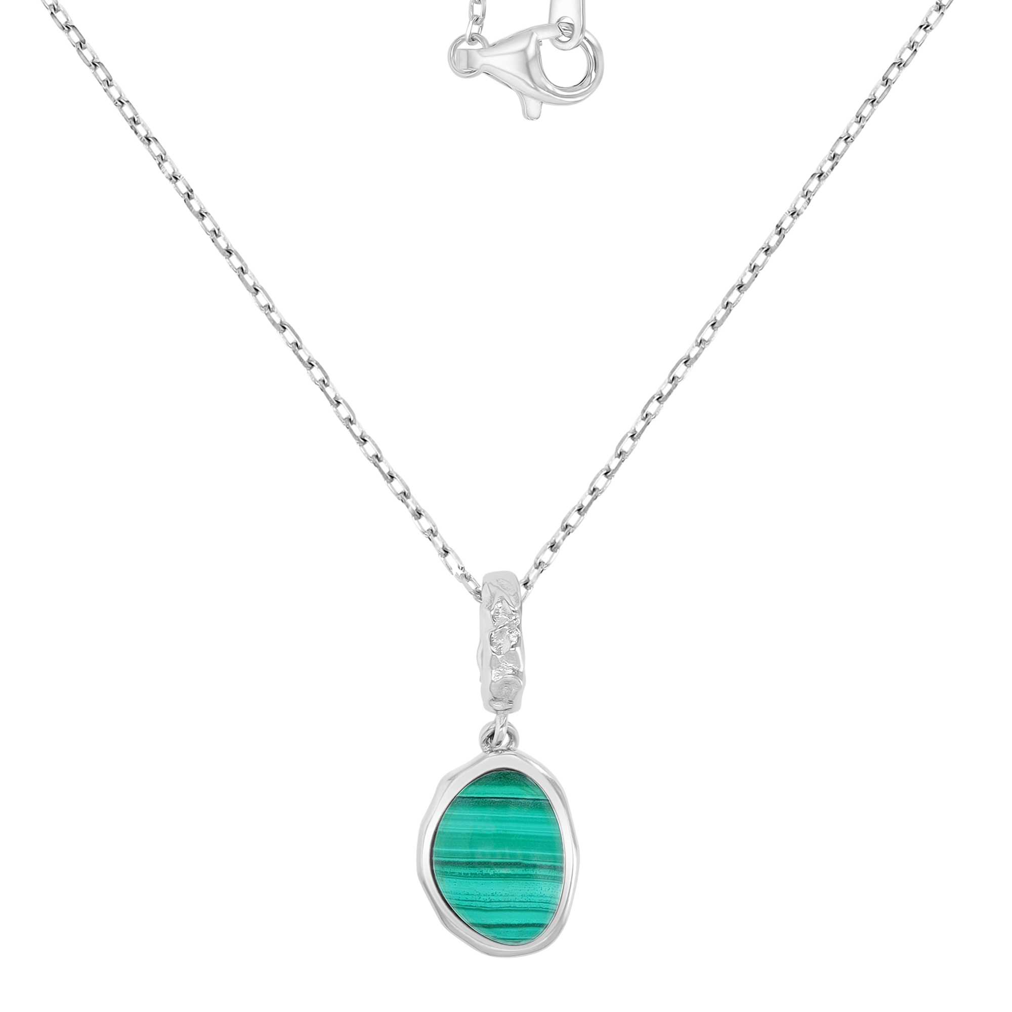 Sterling Silver Rhodium 10x24mm Dangling Egg-shaped Malachite 16+2" Necklace