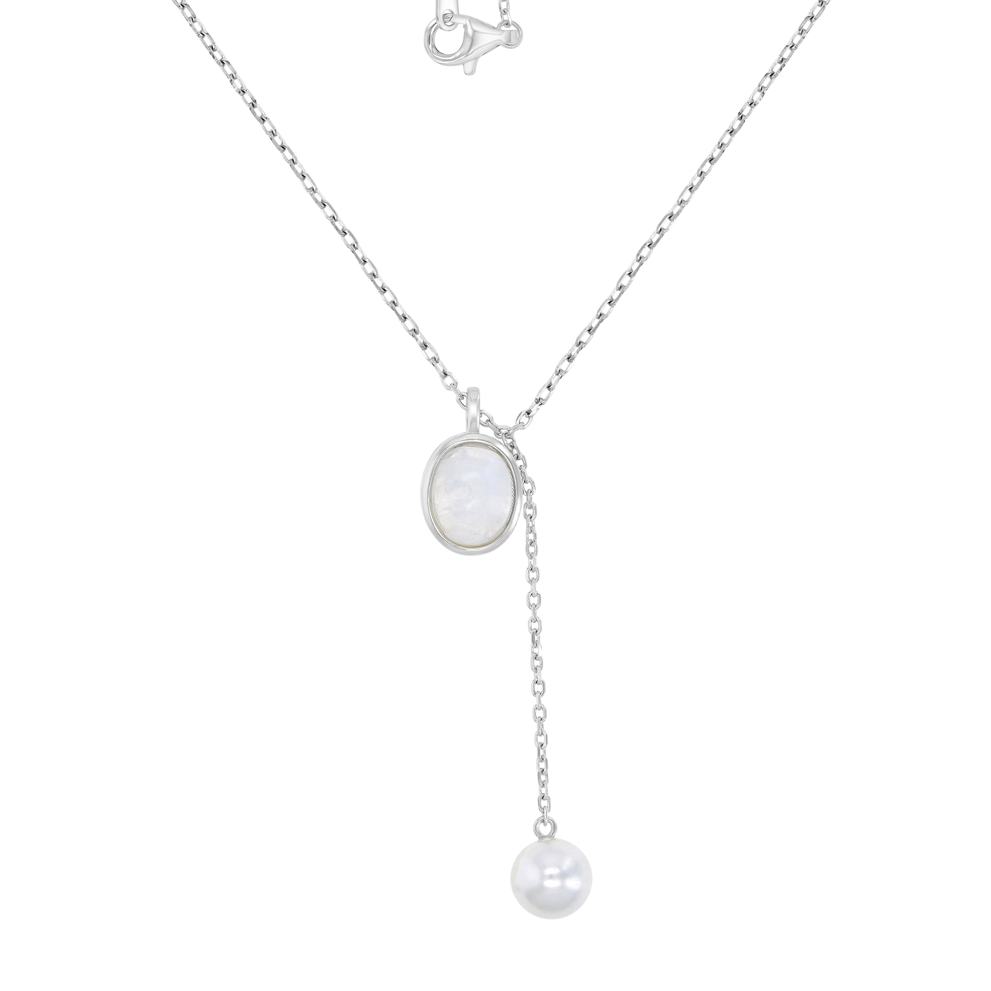Sterling Silver Rhodium 10x13mm Dangling Oval Moonstone & Pearl 16+2" Necklace 