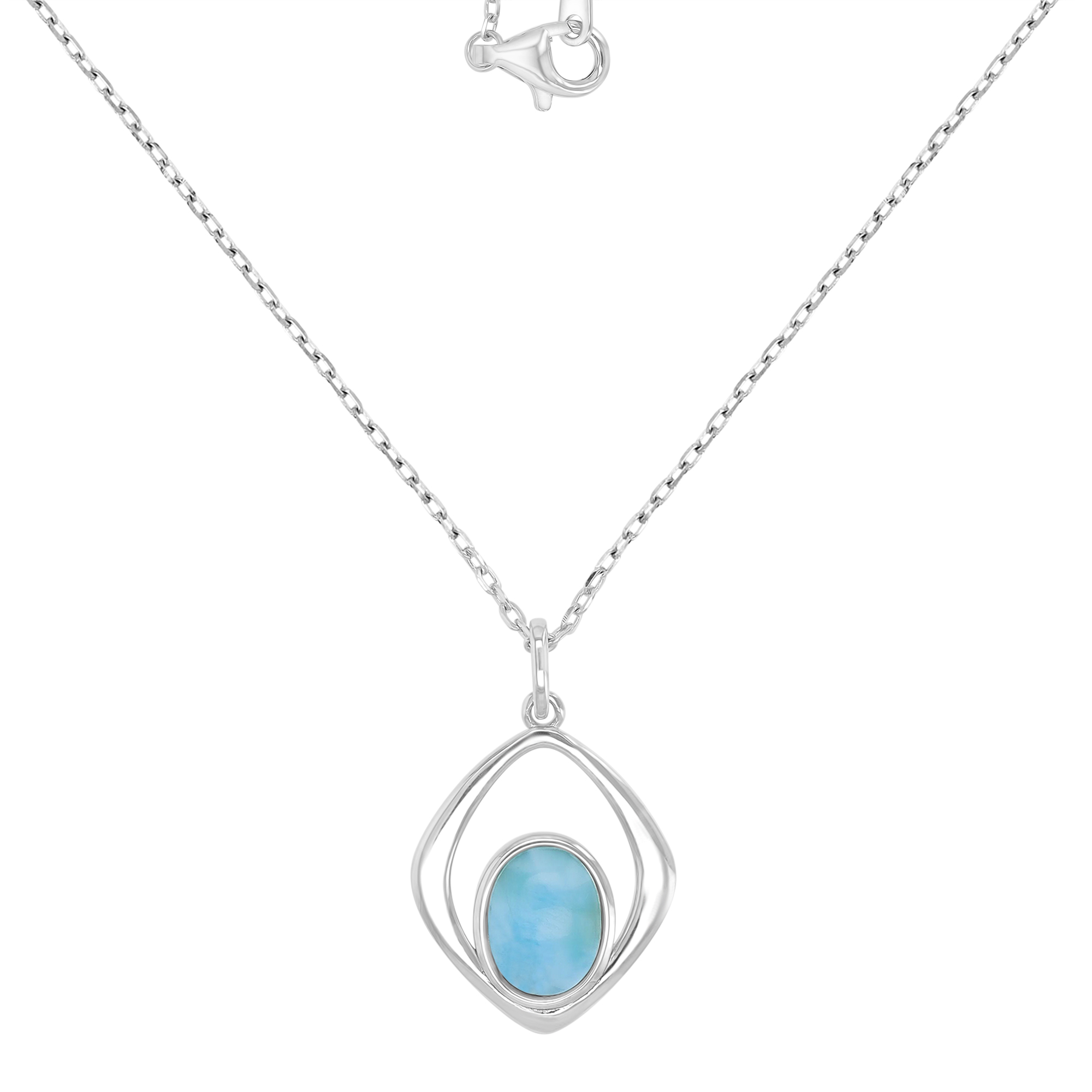 Sterling Silver Rhodium 16x19mm Larimar Dangling Square Circle 16+2" Necklace