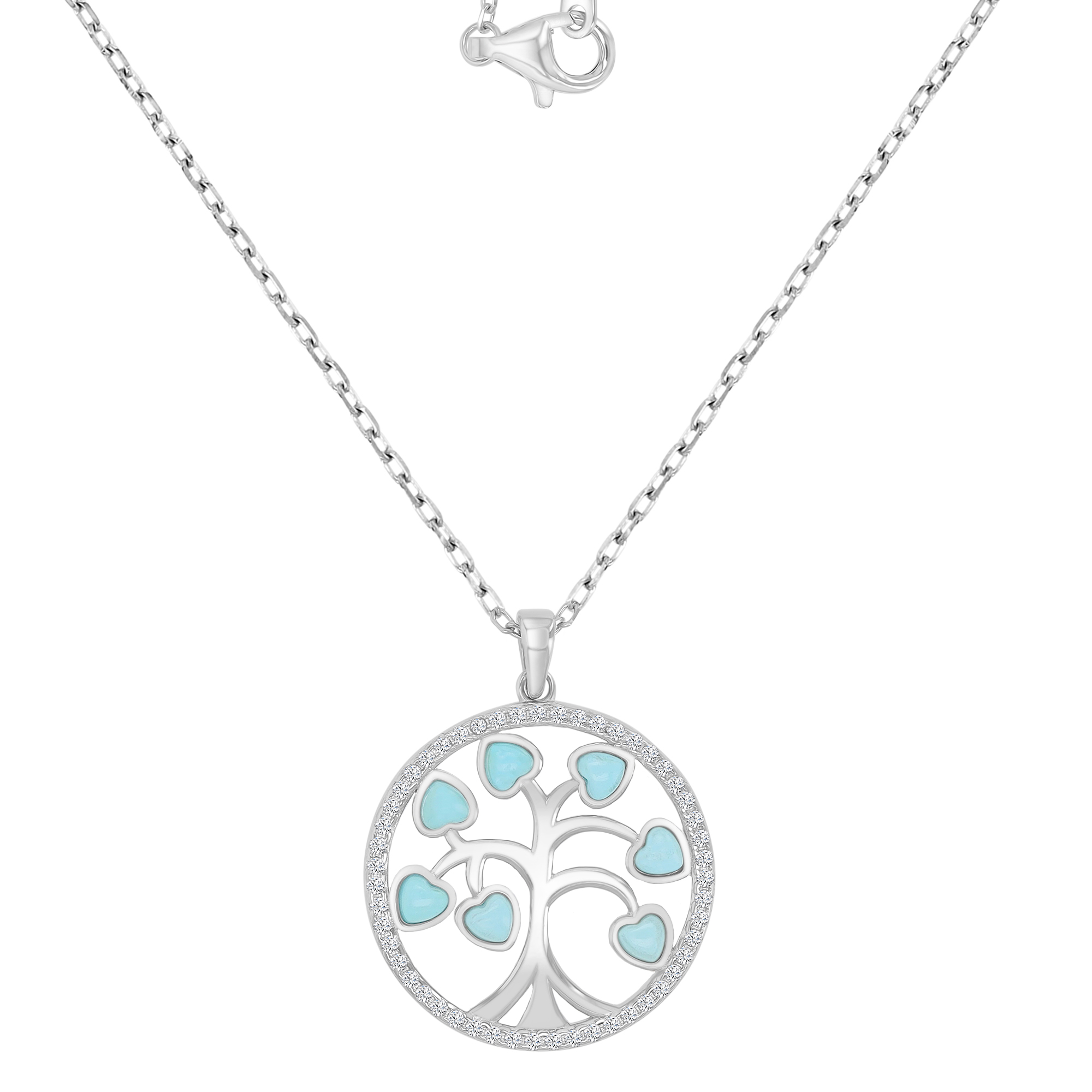 Sterling Silver Rhodium 23x29mm Heart Turquoise & White CZ Dangling Tree 16+2" Necklace