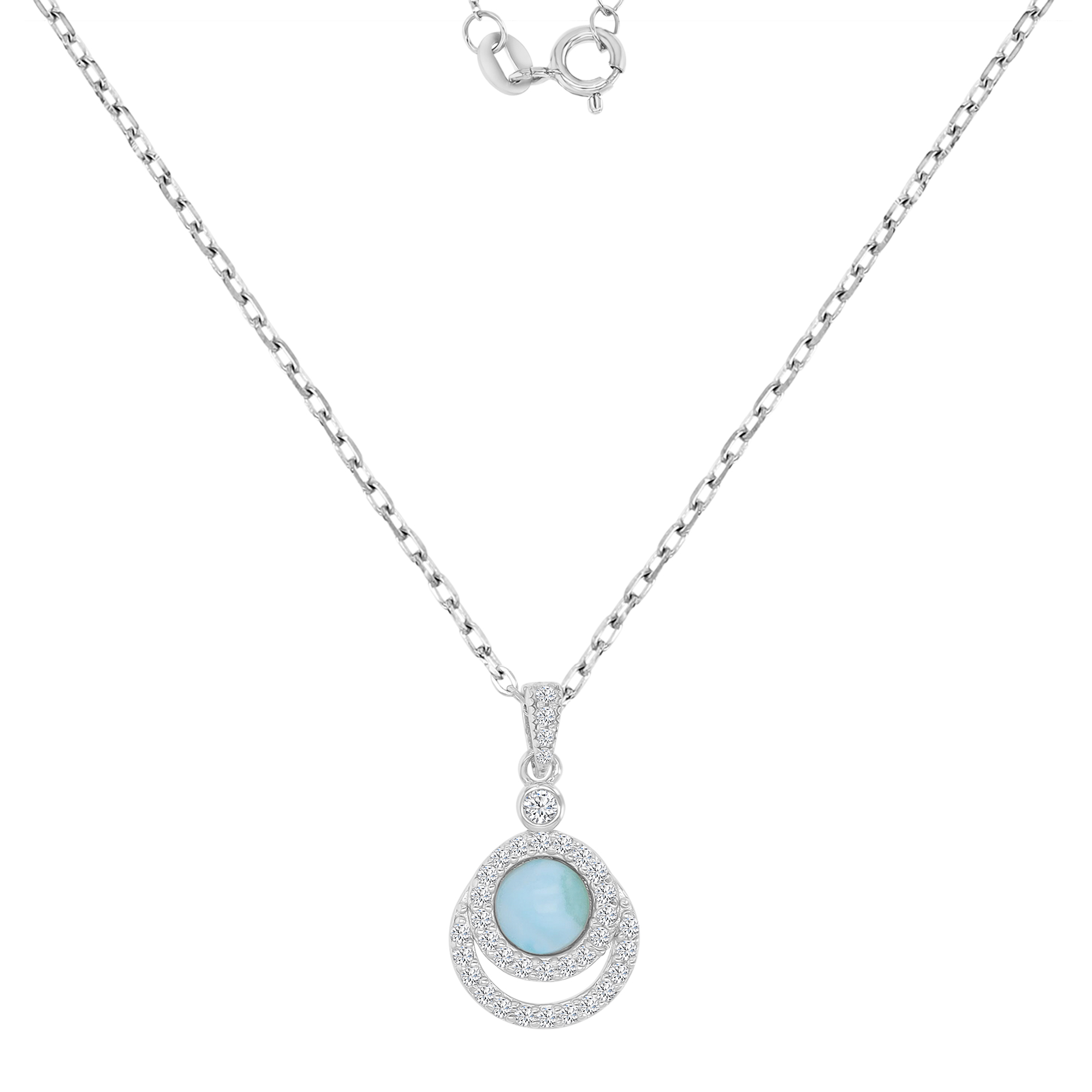 Sterling Silver Rhodium 12x21mm Larimar & White CZ Dangling Circles 16+2" Necklace