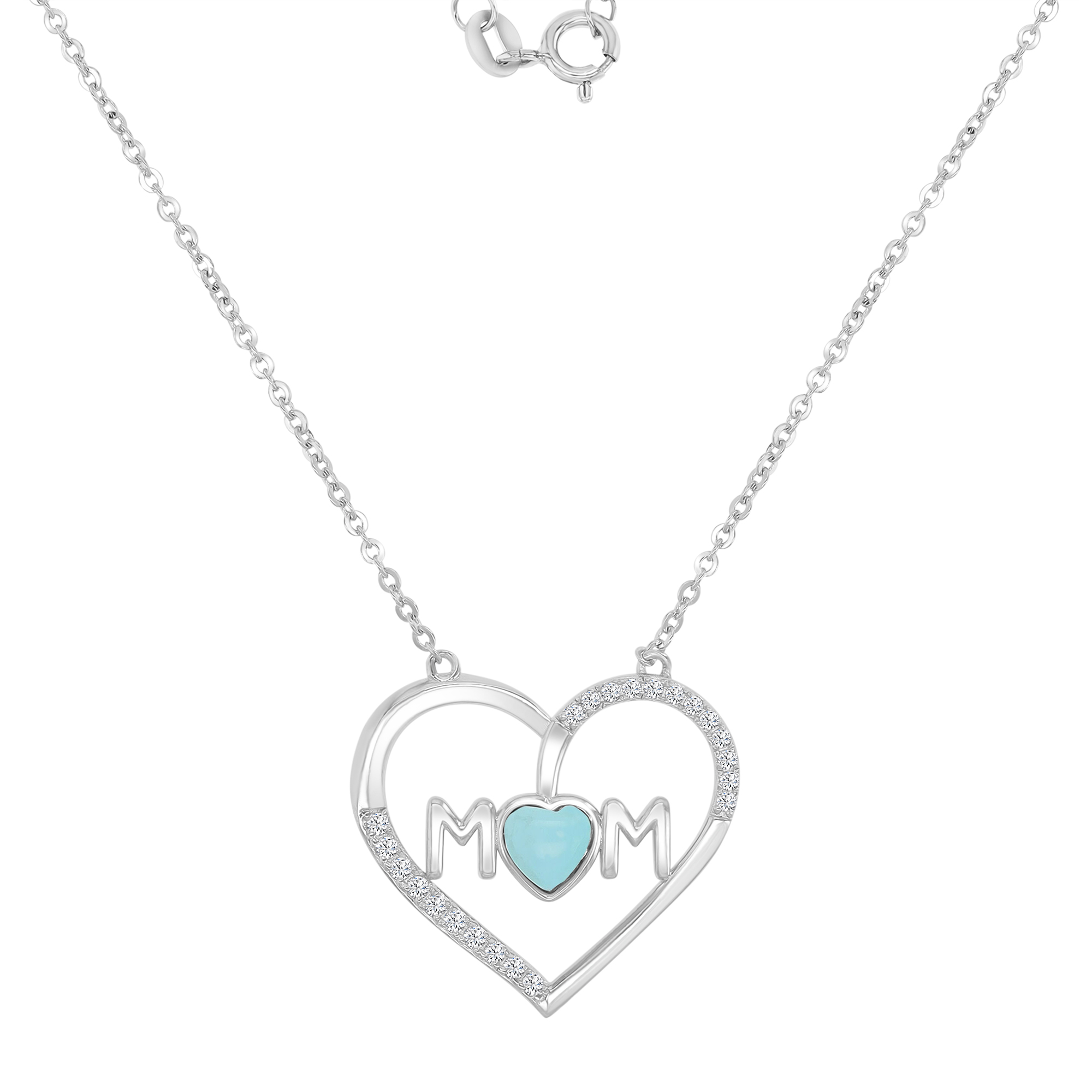 Sterling Silver Rhodium 23x22mm Turquoise & White CZ Heart 16+2" Necklace