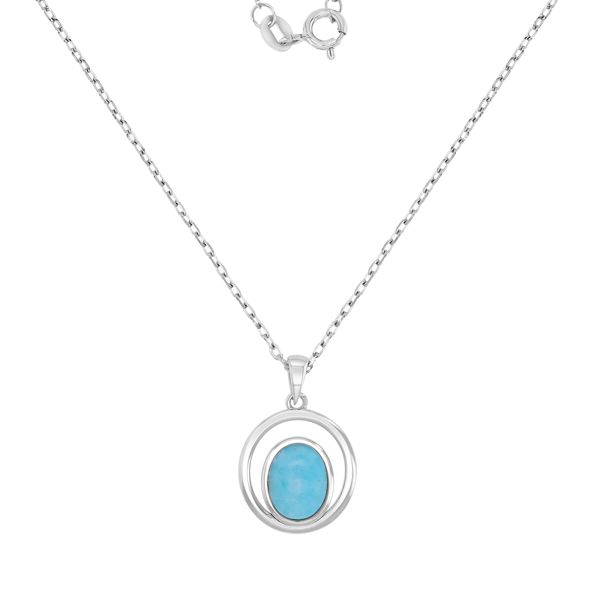 Sterling Silver Rhodium 14x21mm Oval Larimar In Polished Circle 16+2" Necklace