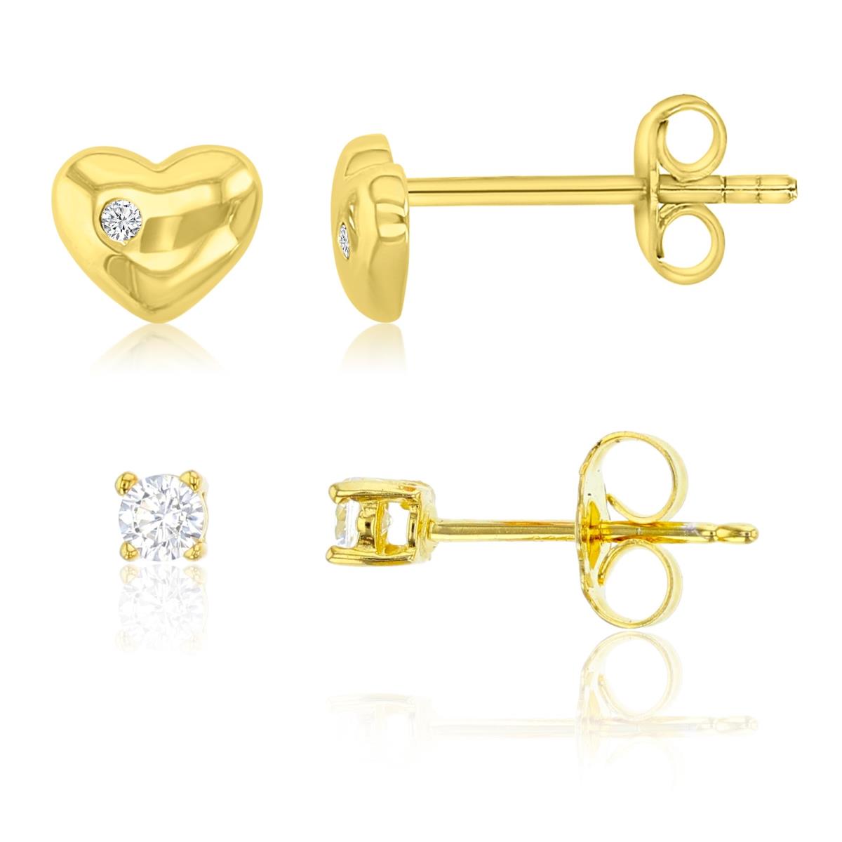 Sterling Silver Yellow Channel Set White CZ Romantic Heart & 3mm Round Solitaire Stud Earring Set