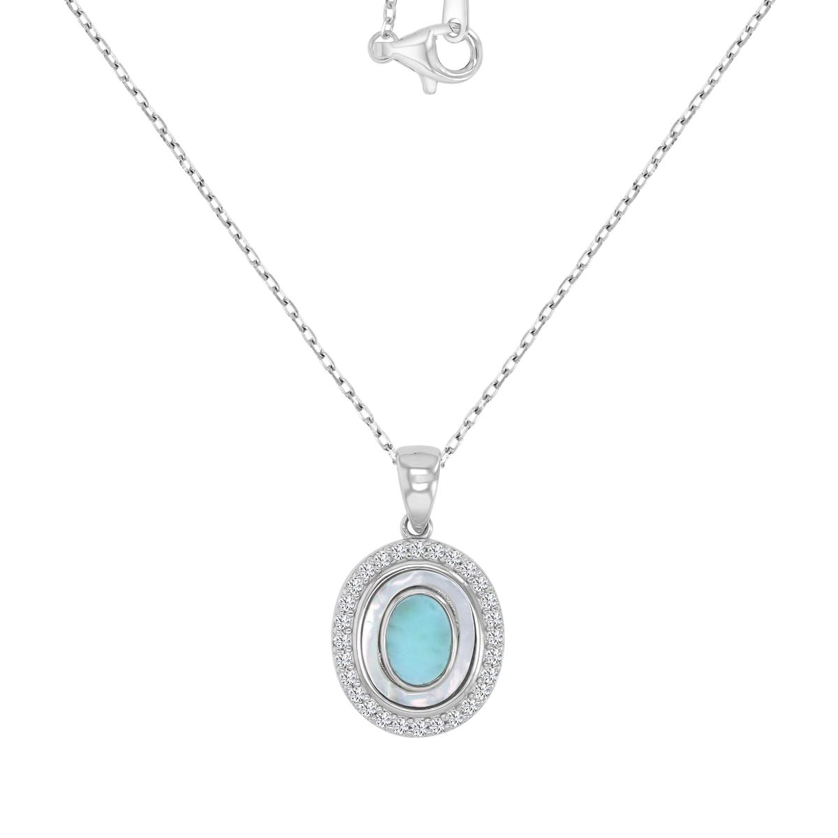 Sterling Silver Rhodium 13x23mm Larimar & MOP & White CZ Dangling Oval shaped 16+2" Necklace