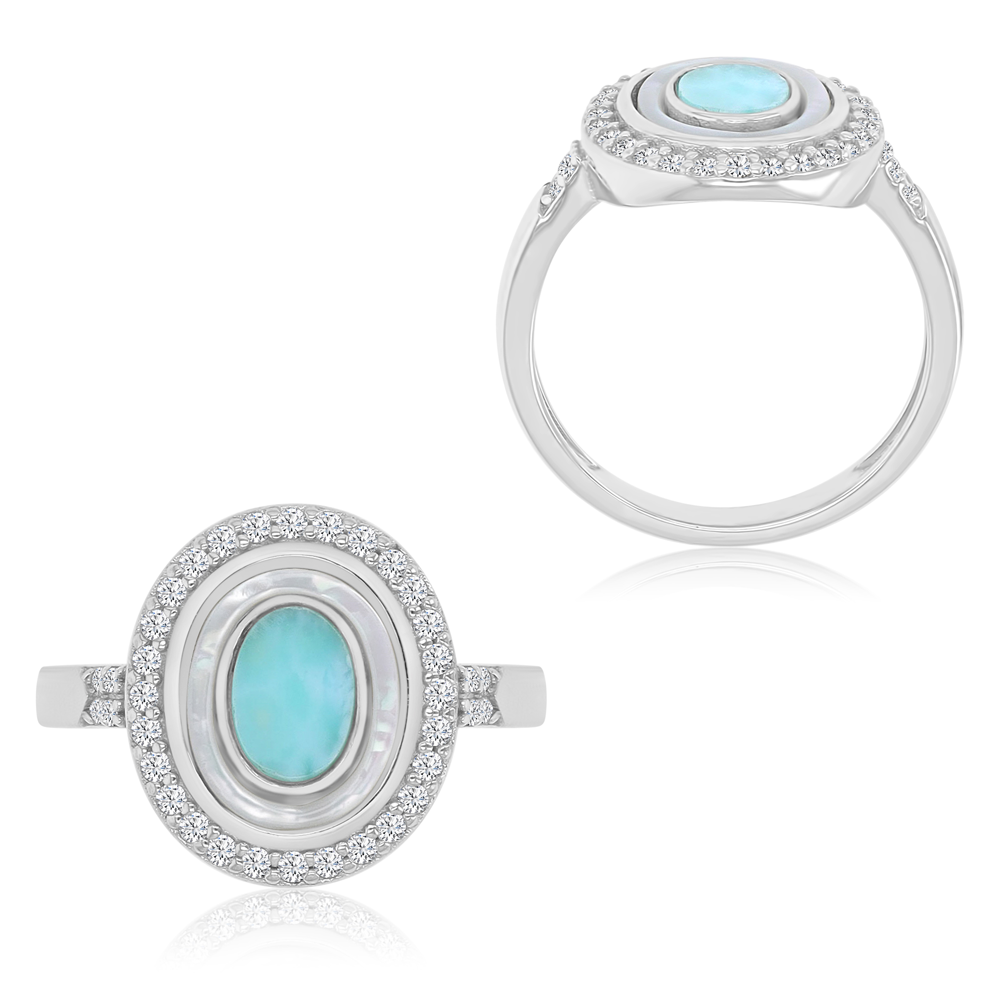 Sterling Silver Rhodium 13x15mm Oval Larimar & MOP & White CZ Ring 