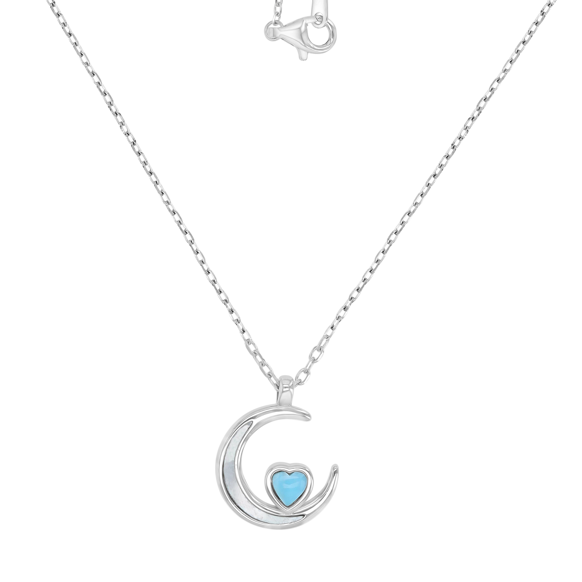 Sterling Silver Rhodium 13x16mm Larimar & MOP Dangling Moon & Heart 16+2" Necklace 