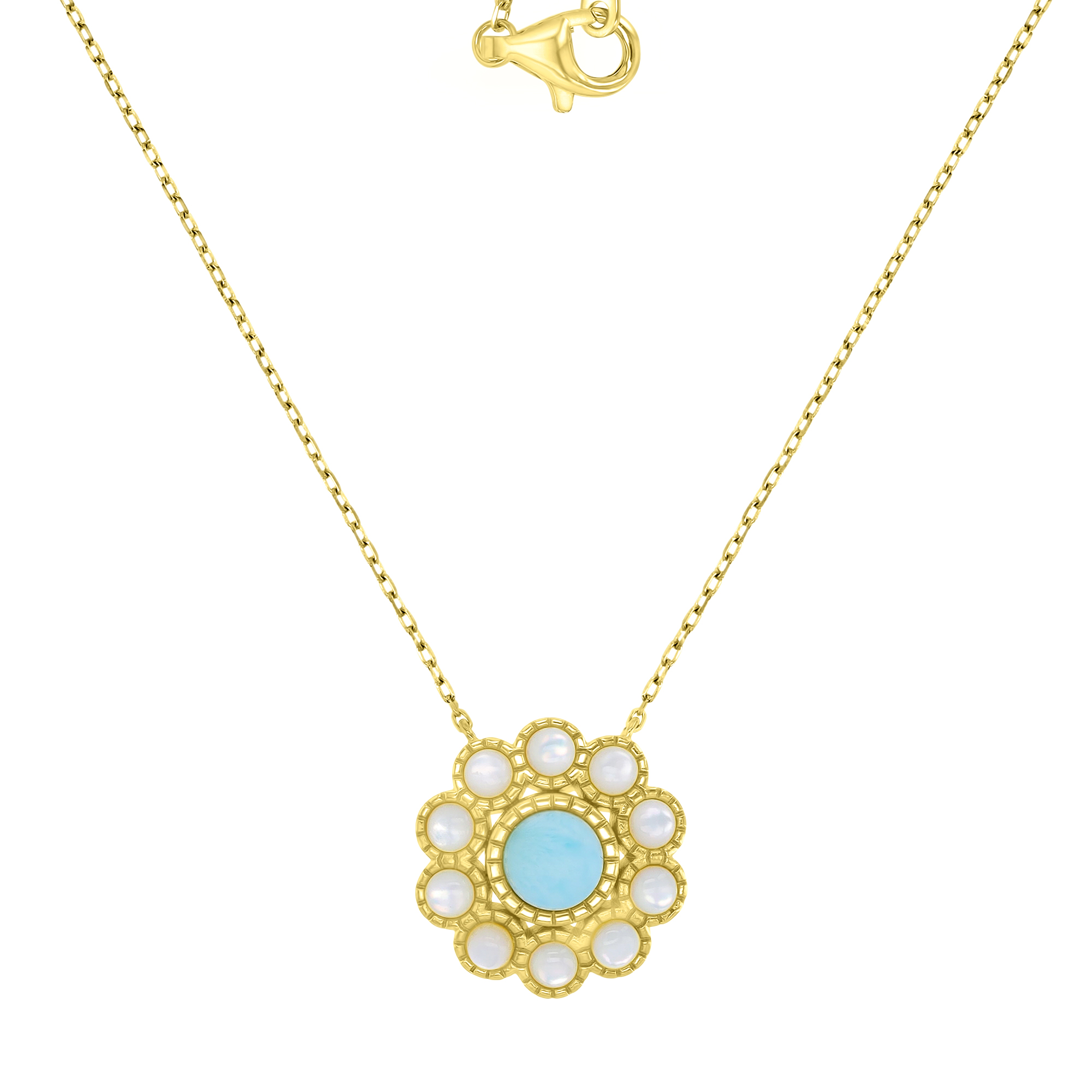 Sterling Silver Yellow 17x17mm Larimar & MOP Flower 16+2" Necklace
