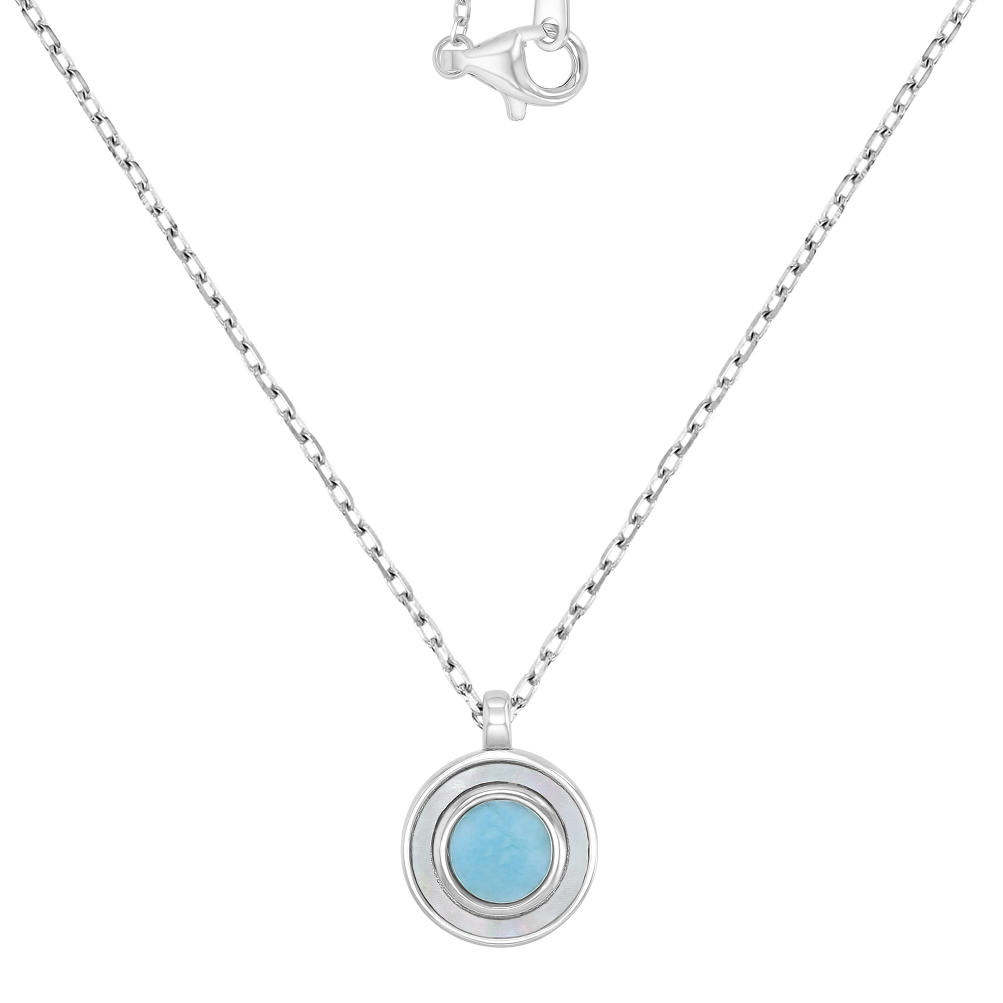 Sterling Silver Rhodium 12x15mm Round Larimar & MOP Dangling 16+2" Necklace