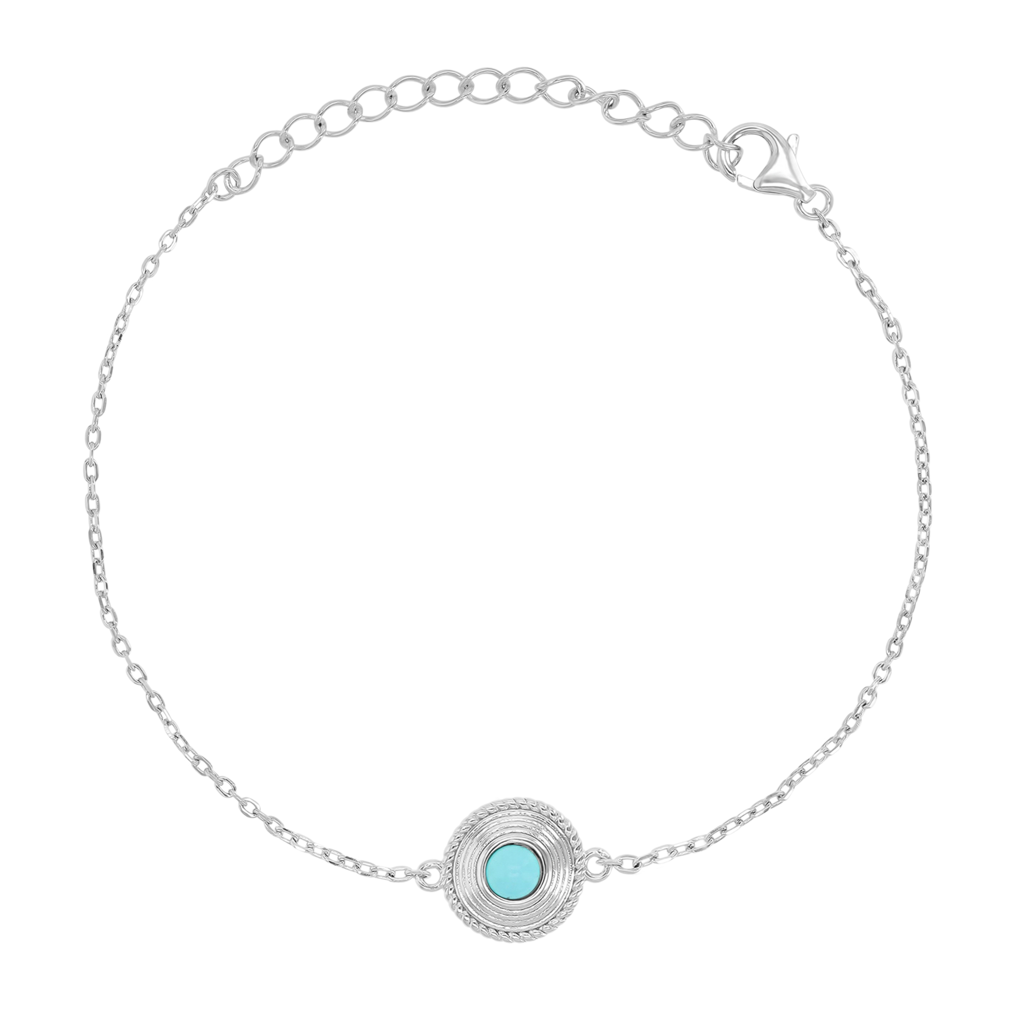 Sterling Silver Rhodium 10x10mm Round Turquoise 7+1" Bracelet