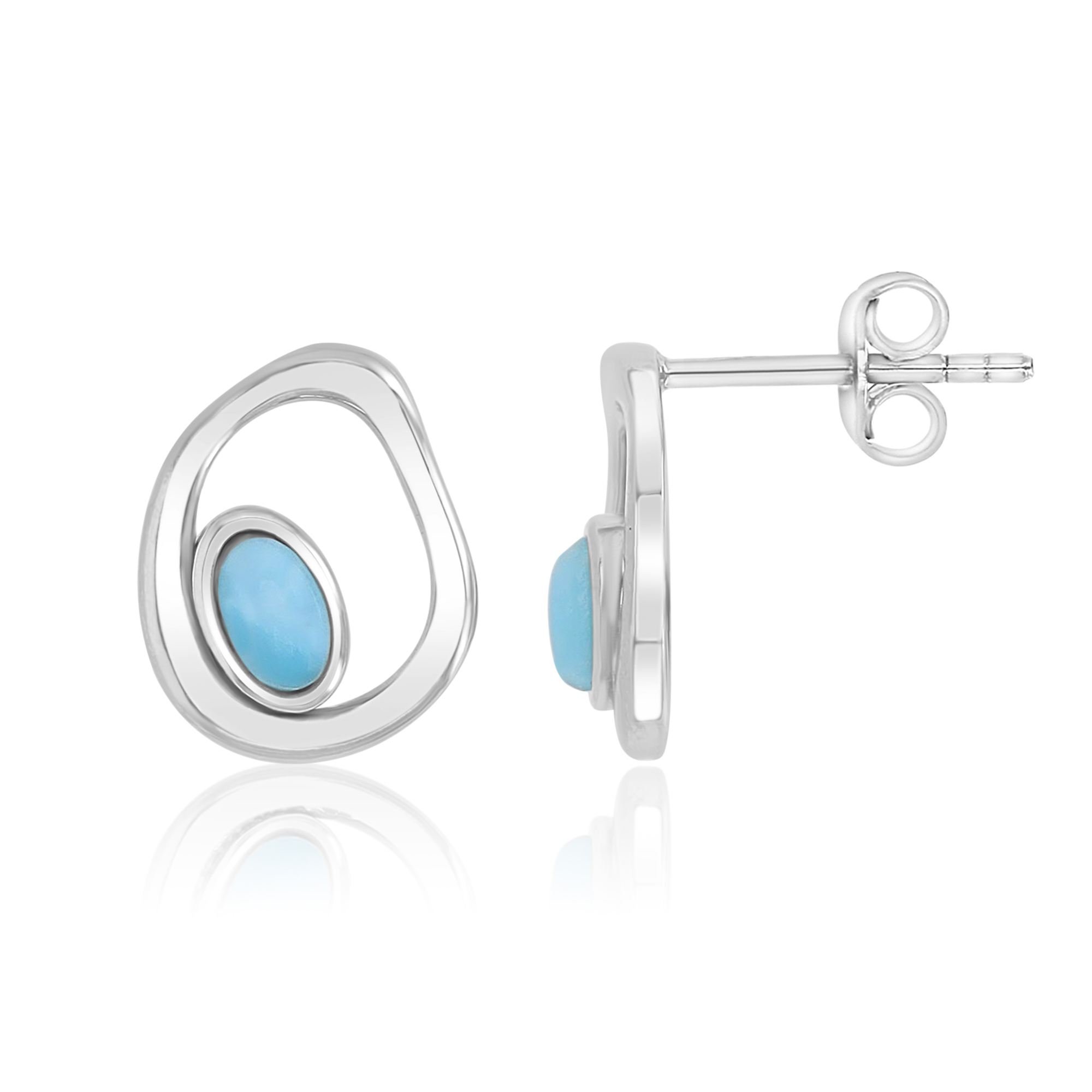 Sterling Silver Rhodium 10x13mm Larimar Abstract Hollow Circle Stud Earrings