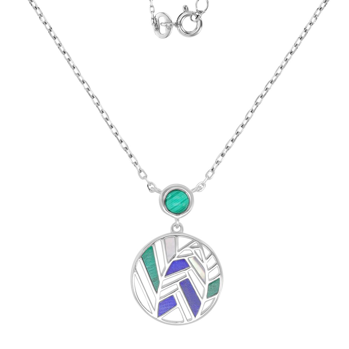 Sterling Silver Rhodium 16x24mm Malachite & Lapis & MOP Dangling Leaves 16+2" Necklace