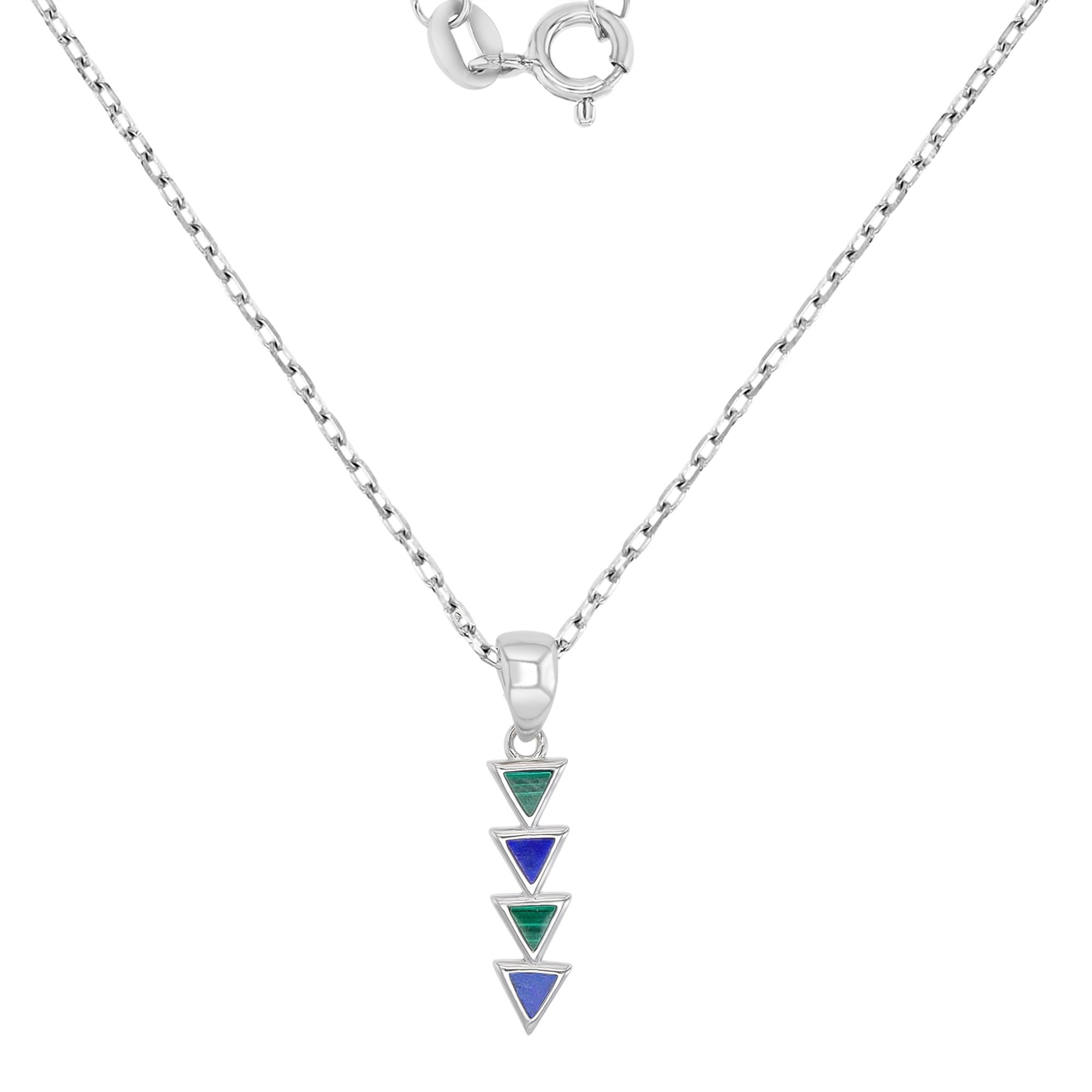 Sterling Silver Rhodium 5x24mm Malachite & Lapis Dangling Quartet Triangular 16+2" Necklace