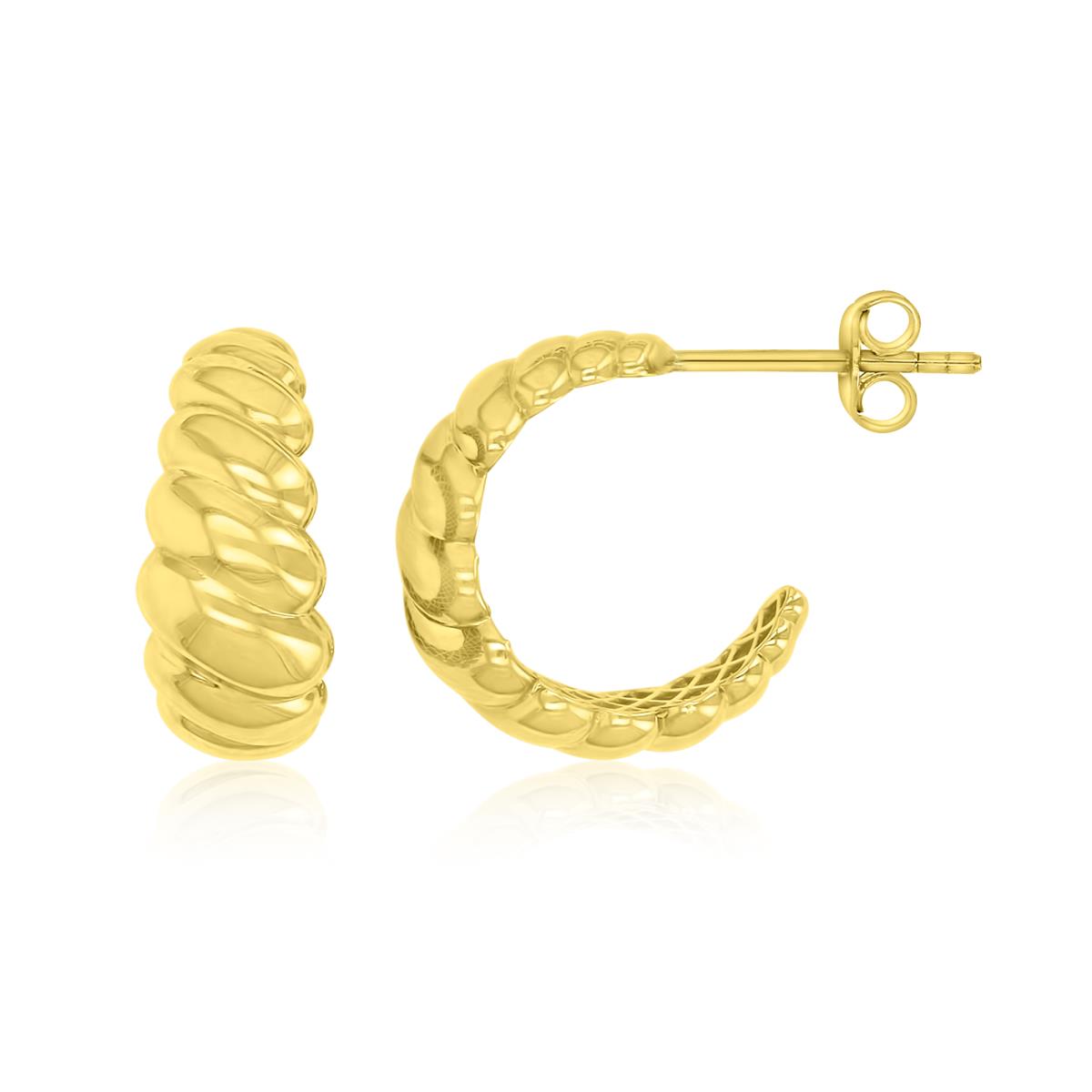 14K Yellow Gold 6.8X15mm Ribbed J -Huggie Earrings
