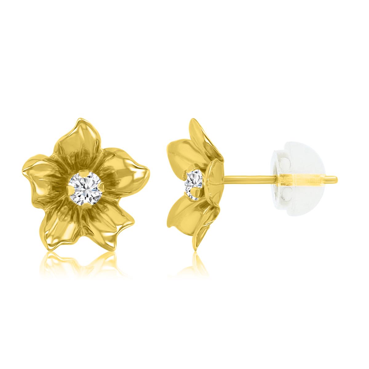 14K Yellow Gold 10MM White CZ Hibiscus Flower Stud Earrings