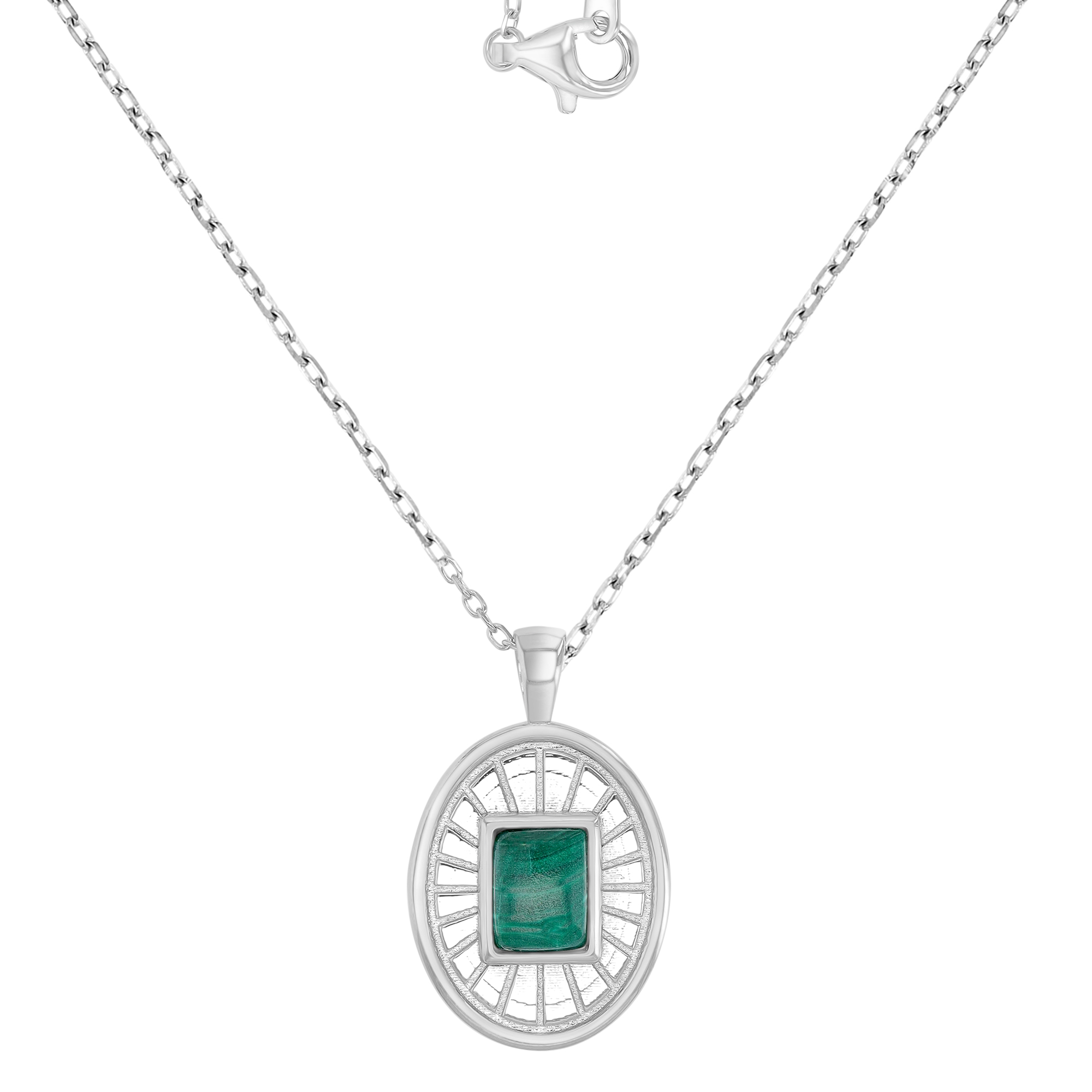Sterling Silver Rhodium 17x28mm Malachite Dangling Badge 16+2" Necklace