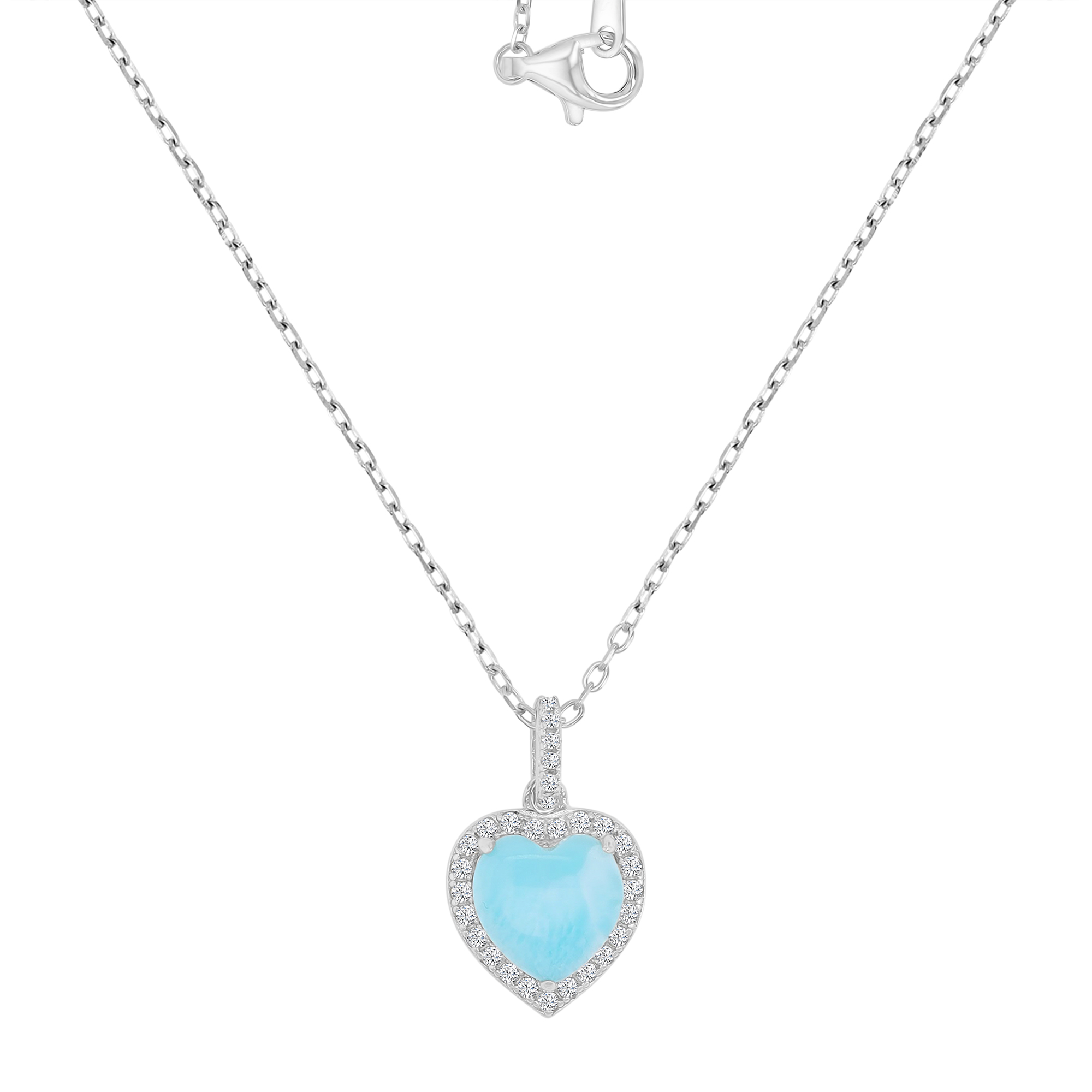 Sterling Silver Rhodium 12x19mm Larimar & White CZ Dangling Heart 16+2" Necklace