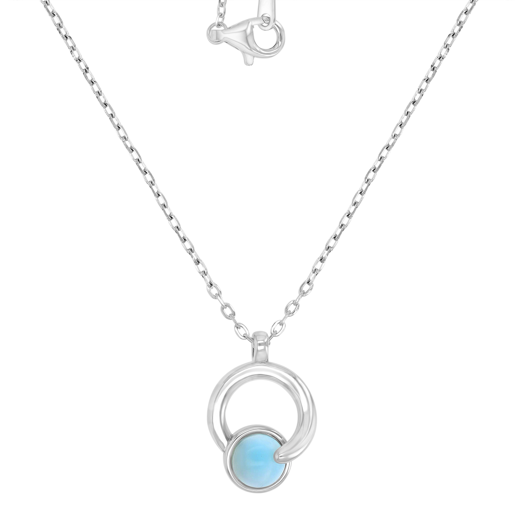 Sterling Silver Rhodium 12x18mm Larimar Dangling Abstract Hollow Circle 16+2" Necklace