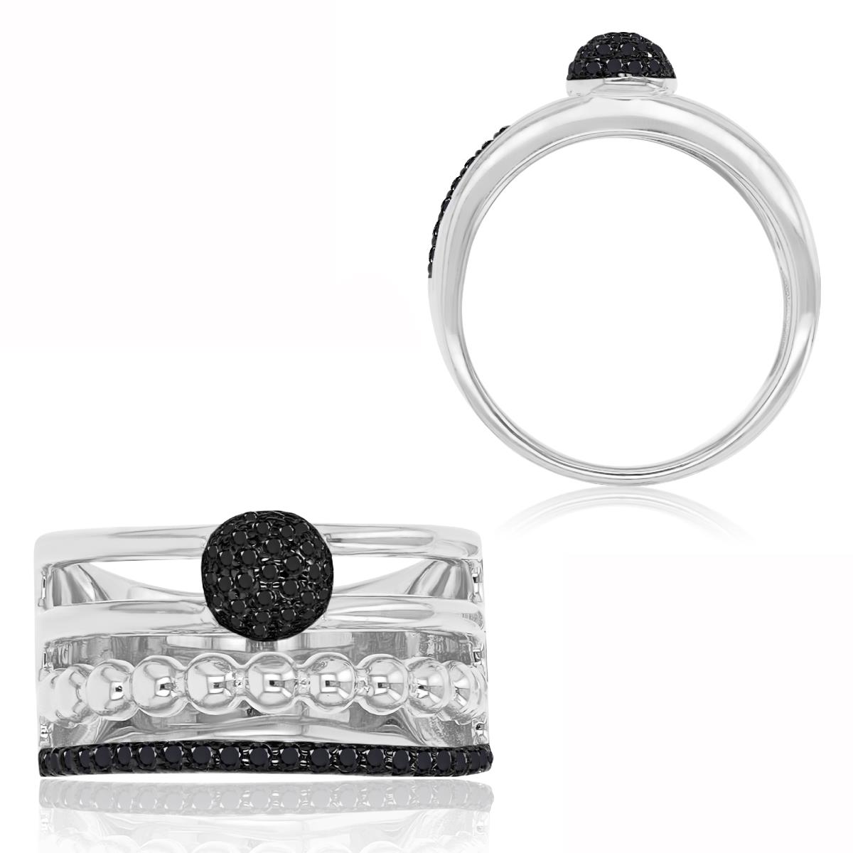 Sterling Silver Black & White 11mm 4 Rows Black Spinel Fashion Ring