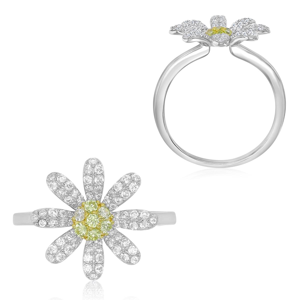 Sterling Silver Yellow & White 15x16mm White & Yellow CZ Flower Pave Fashion Ring