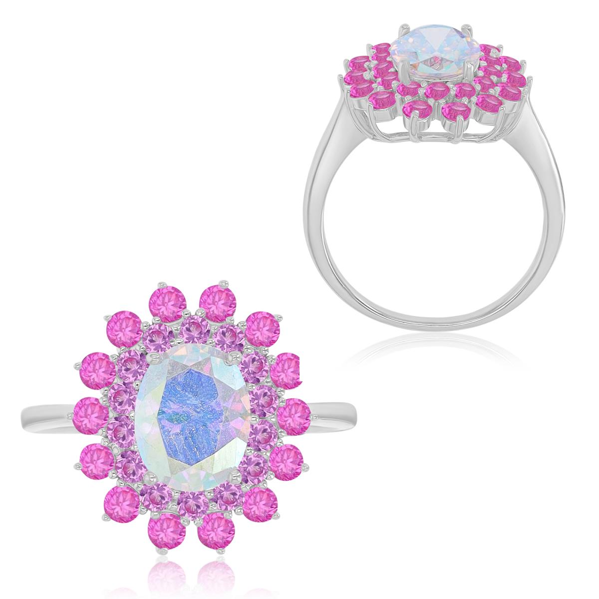 Sterling Silver Rhodium 15.5x16.5 Oval Shaped AB CZ & Pink Sapphire Fashion Ring