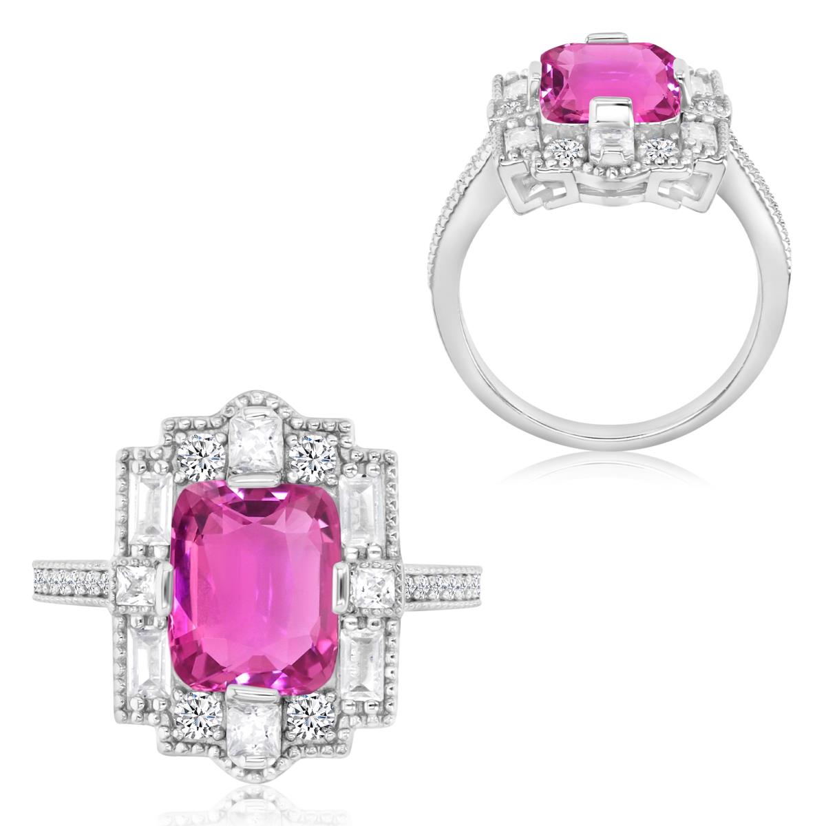 Sterling Silver Rhodium 19X14.6MM Polished Cr Pink & Cr White Sapphire Cocktail Vintage Style Ring