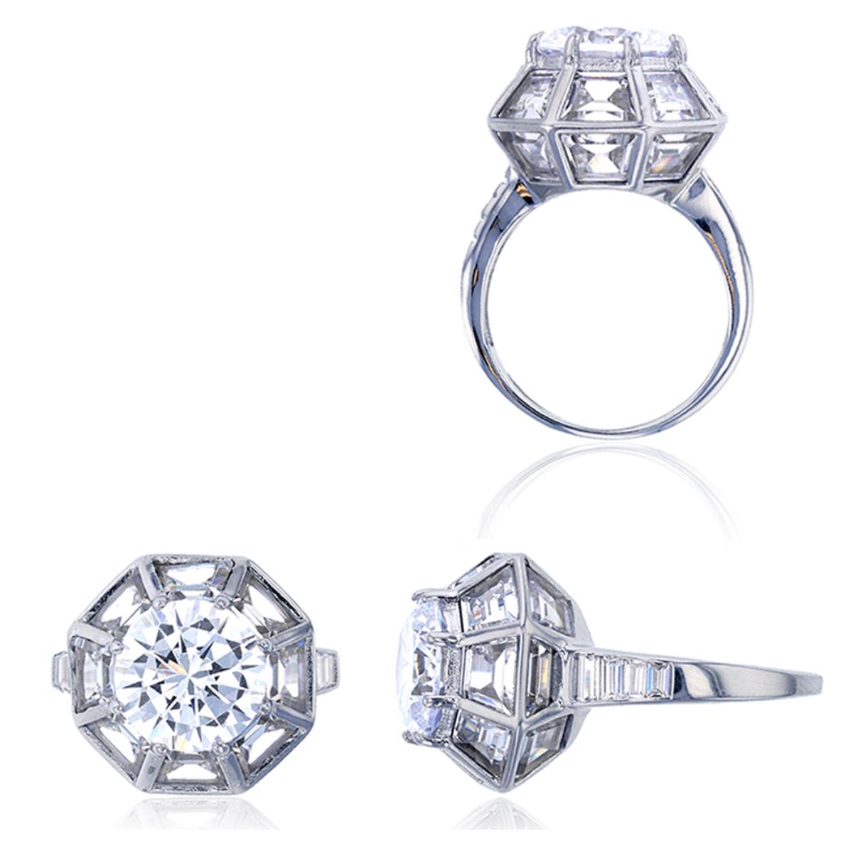 Sterling Silver Rhodium 11mm Round&Asscher Cut Octagon Shape Engagement Ring