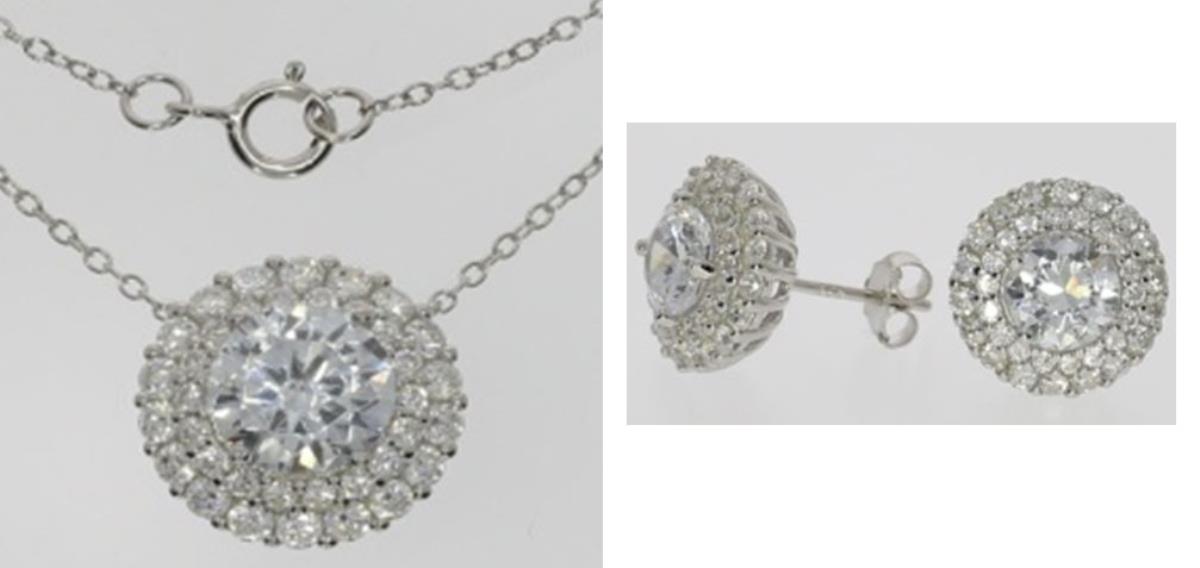 Sterling Silver Rhodium Micropave 8mm Round Dbl Halo Earrings & 16" DC Cable Chain Necklace Set