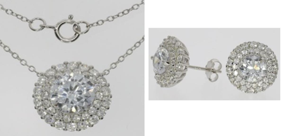 Sterling Silver Rhodium Micropave 6mm Round Dbl Halo Earrings & 16" DC Cable Chain Necklace Set
