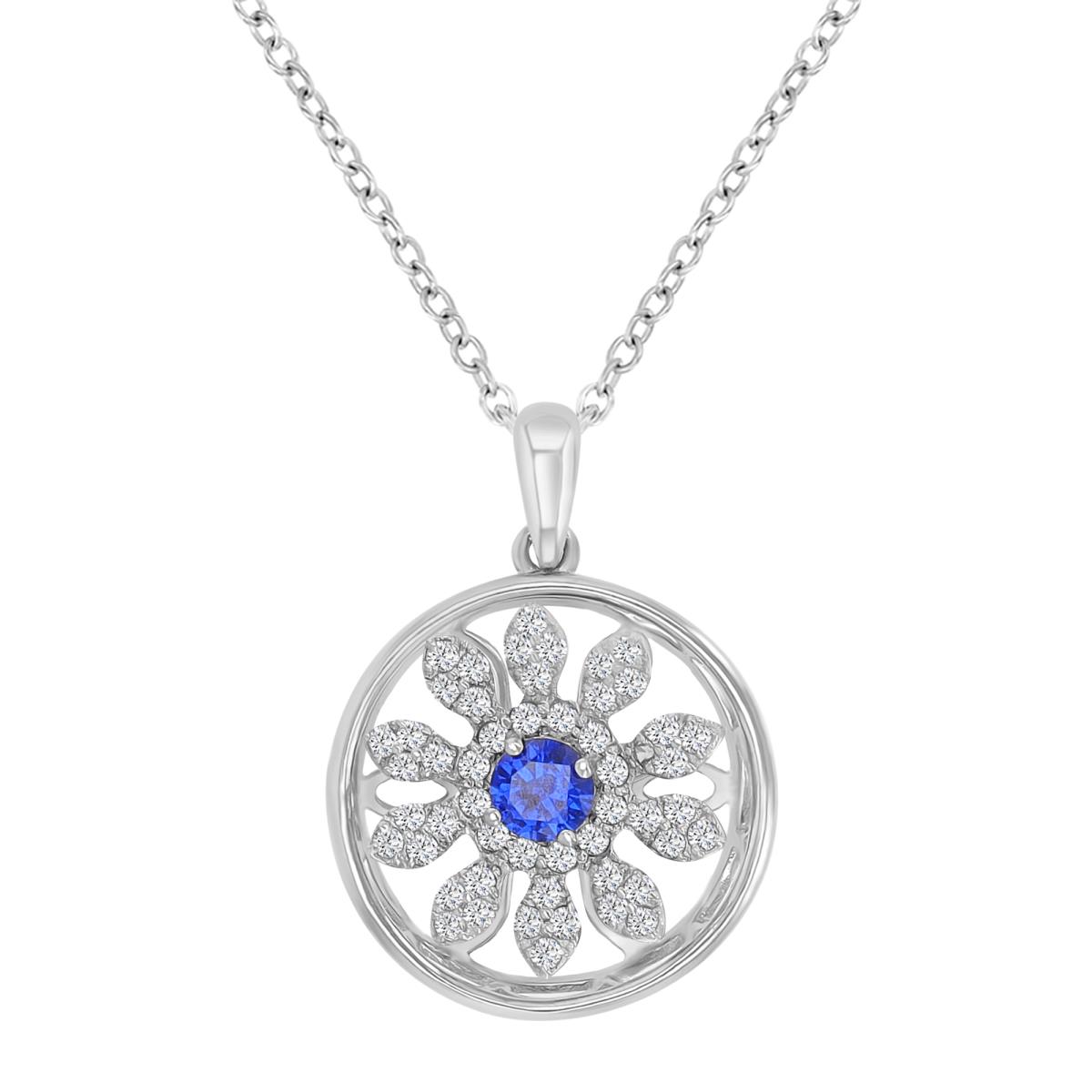 Sterling Silver Rhodium Rnd Created Blue & White Sapphire Flower Pinwheel 18'Necklace