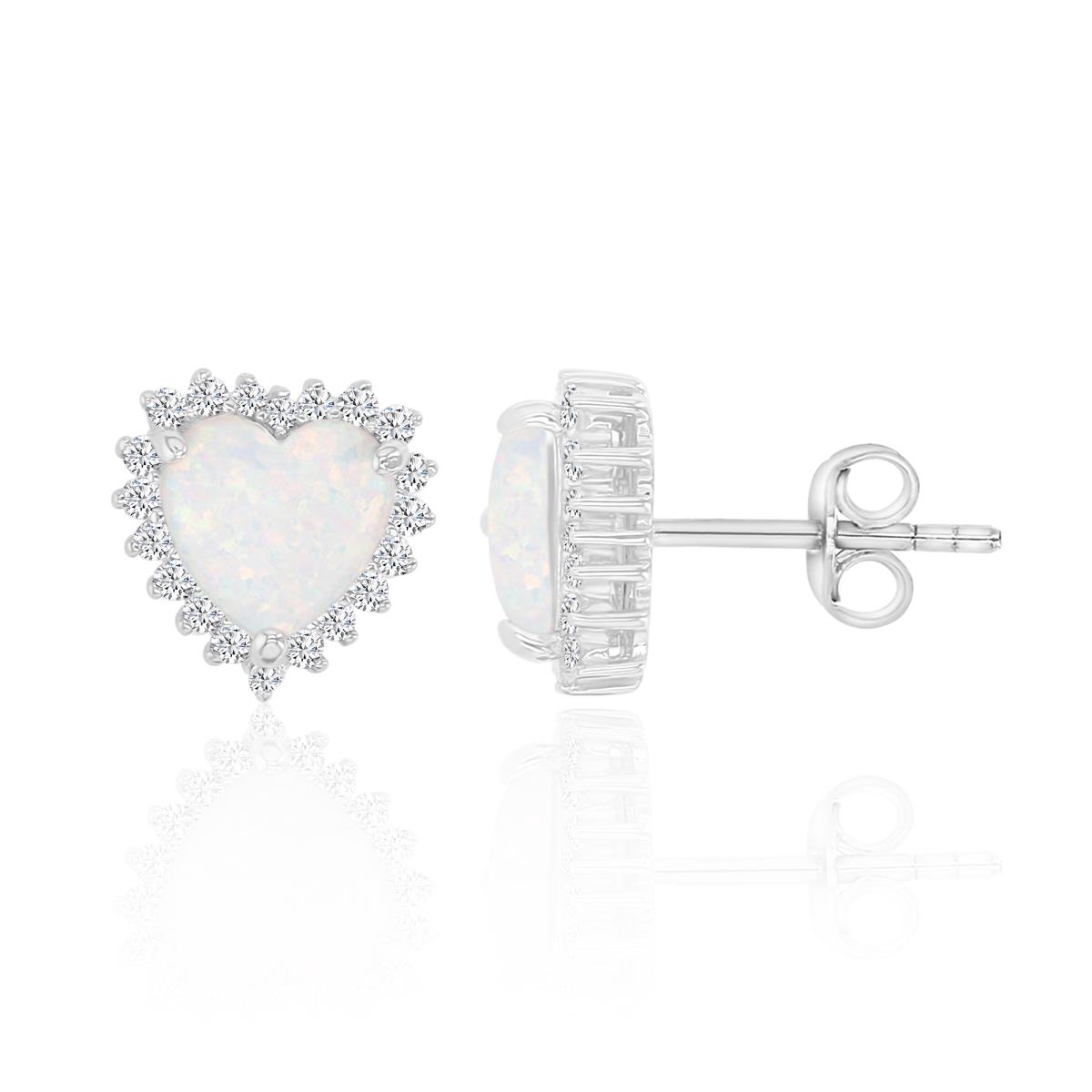 Sterling Silver Rhodium 10x10mm Heart Opal & Created White Sapphire Stud Earring