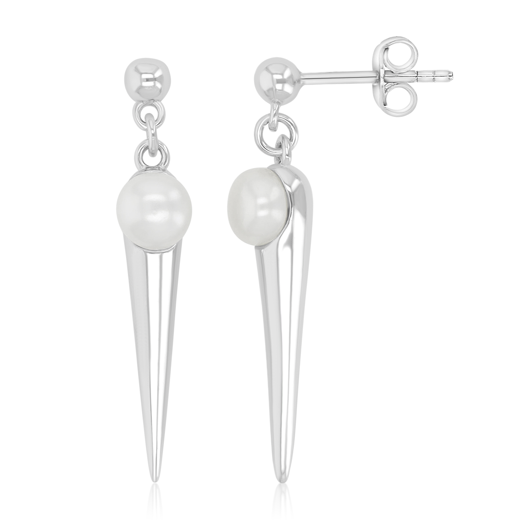Sterling Silver Rhodium Freshwater Pearl 6x32mm Dangling Cone Earrings