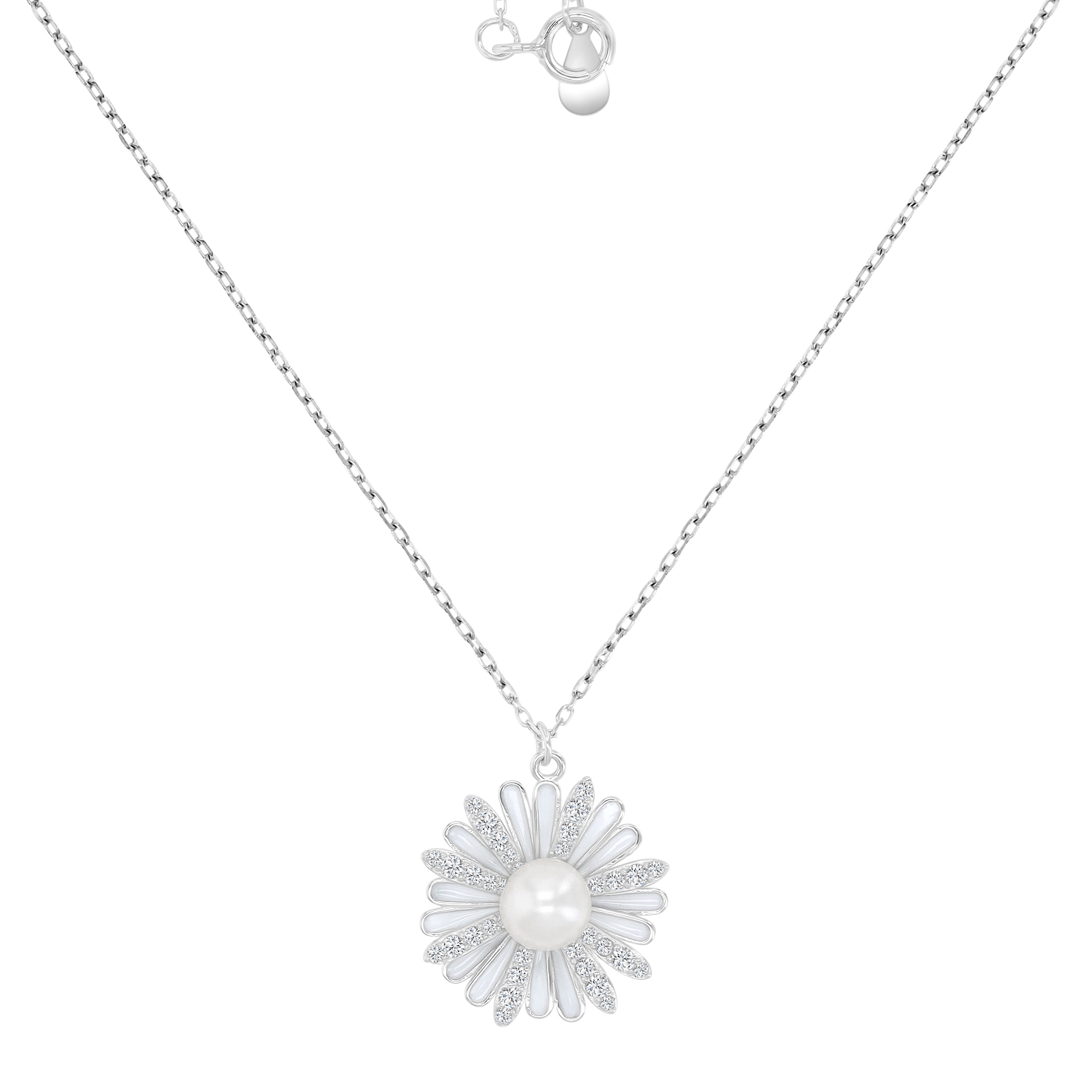 Sterling Silver Rhodium Freshwater Pearl & White CZ & Enamel 17x18mm Dangling Flower 16+2" Necklace   