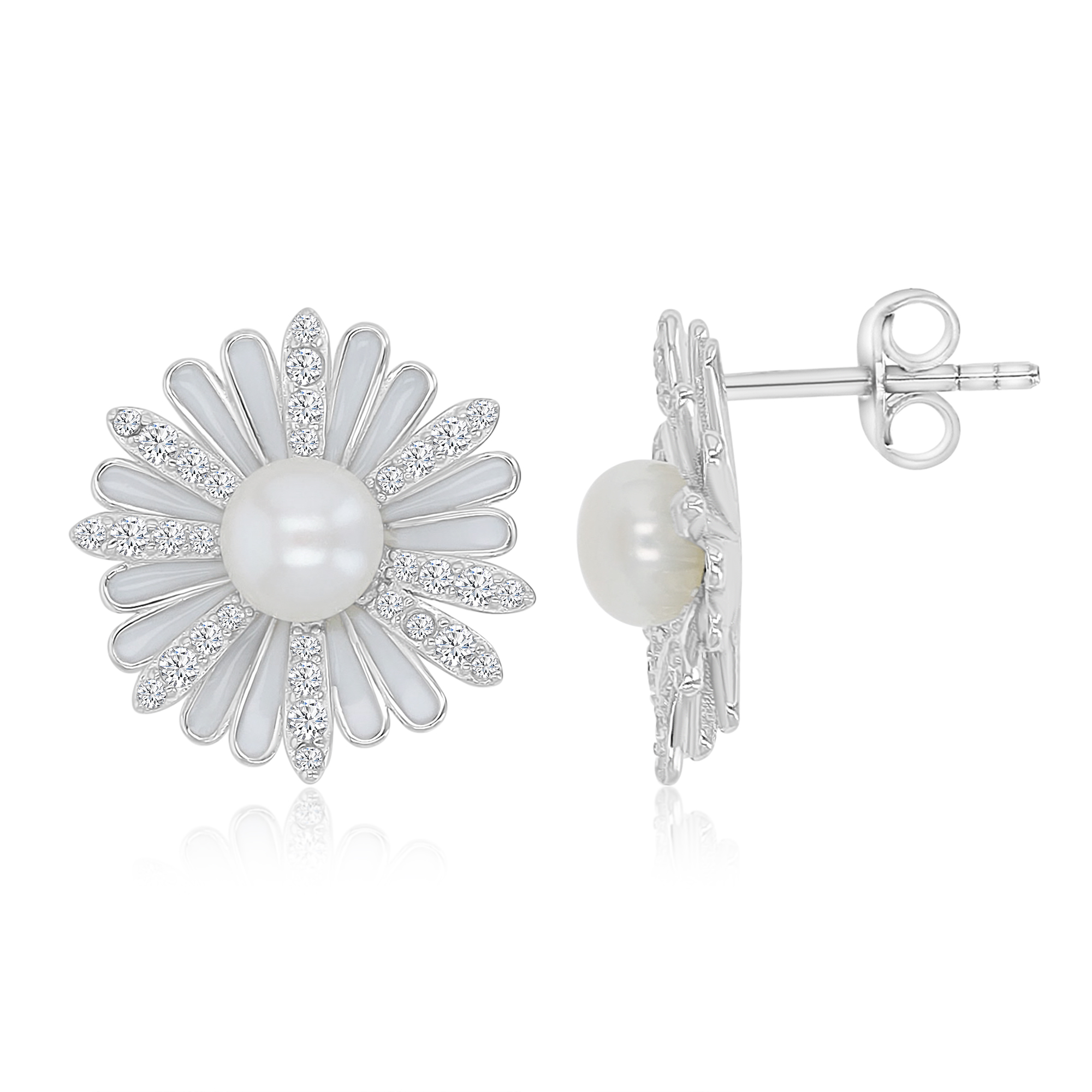 Sterling Silver Rhodium Freshwater Pearl & White CZ & Enamel 17x17mm Flower Stud Earring
