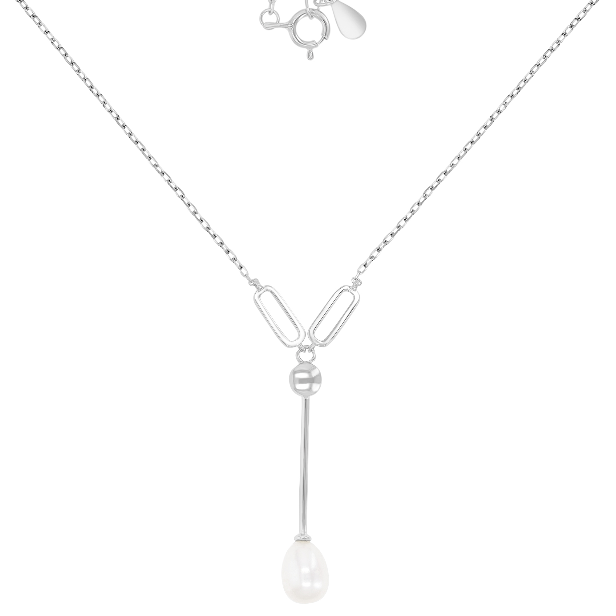 Sterling Silver Rhodium Freshwater Pearl 8x43mm Dangling Slender Rod 16+2" Necklace