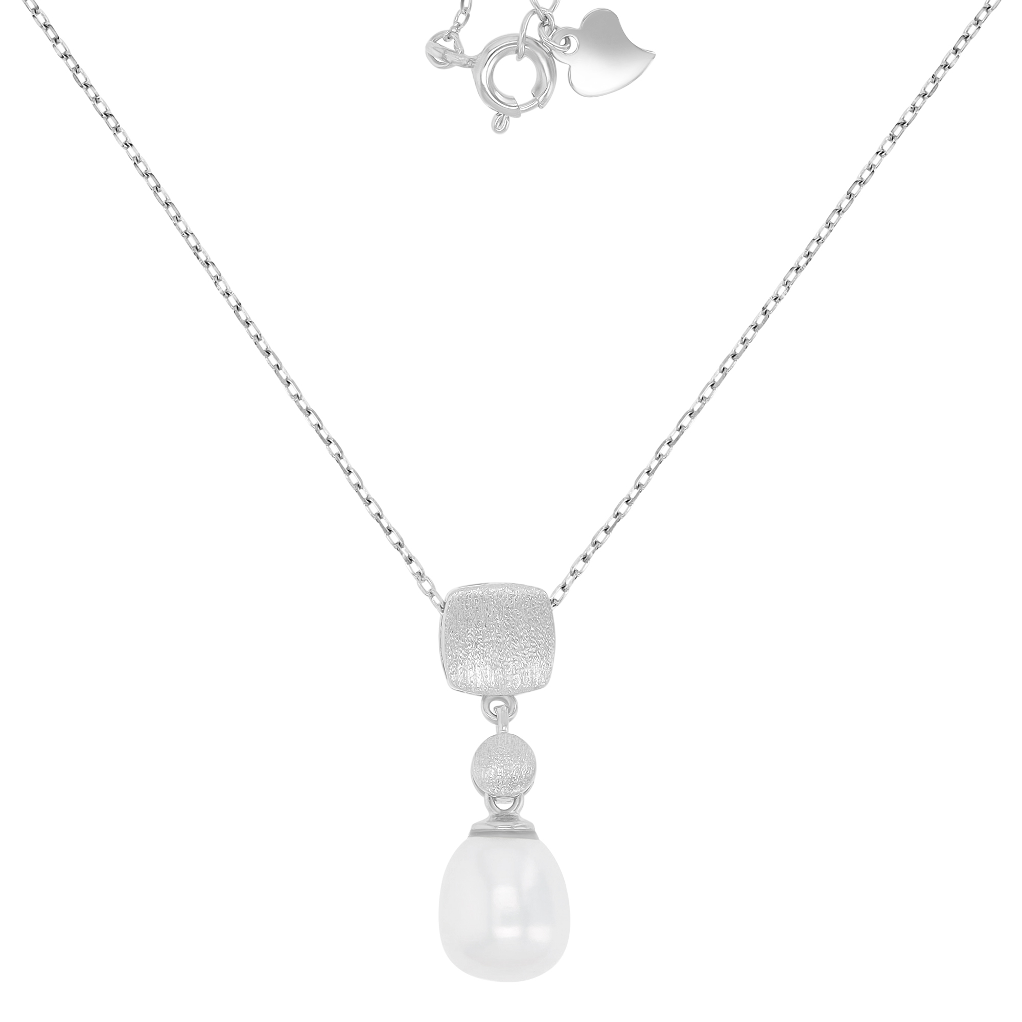 Sterling Silver Rhodium Freshwater Pearl 8x24mm Dangling Brushed Square & Circle 16+2" Necklace